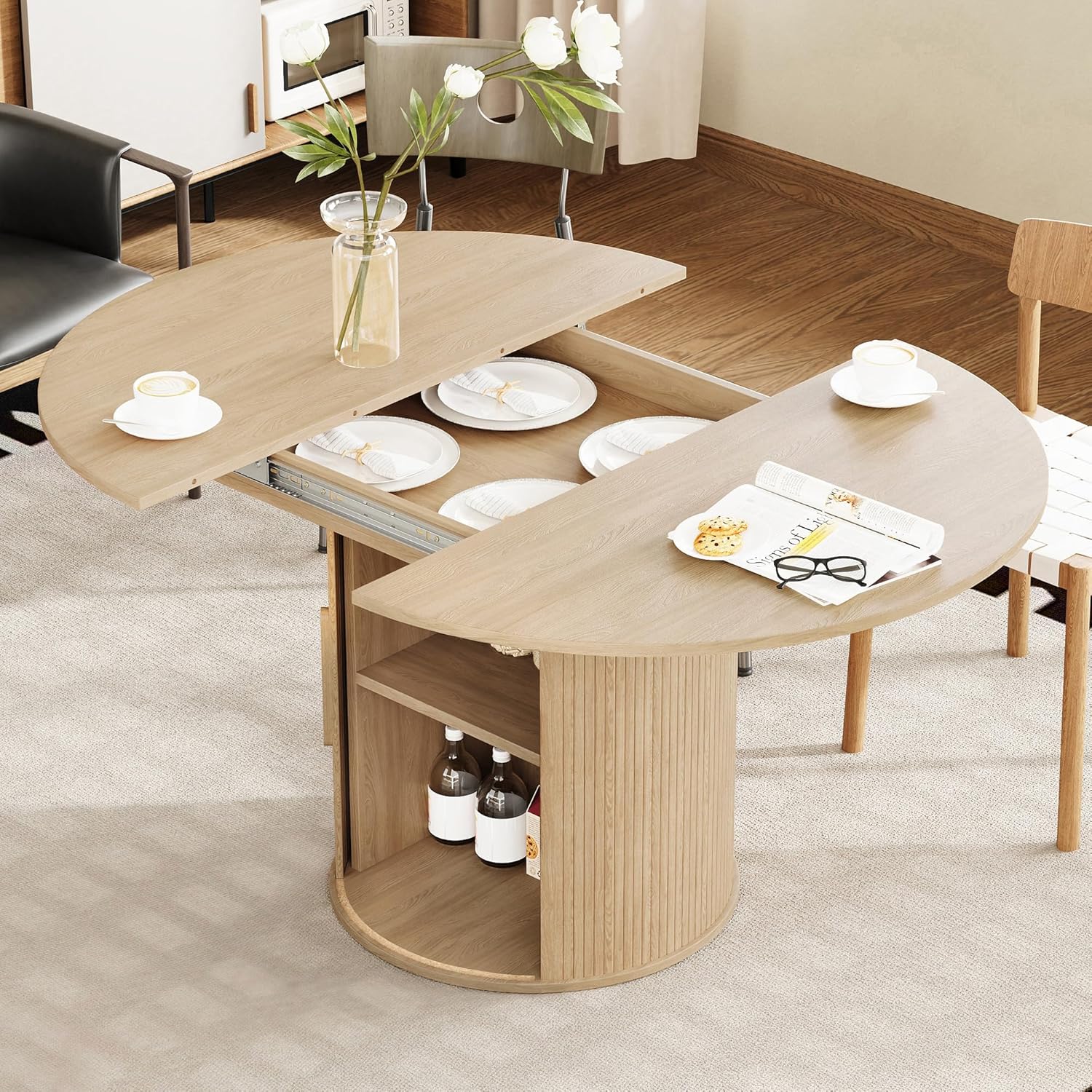 43"-59" Extendable Round to Oval Dining Table with Hidden Storage, Modern Wooden Kitchen Table with Fluted Sliding Door Cabinet, Expandable Dinner Table for Dining Room Living Room (Natural)