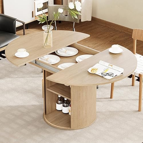 Miniatura 14 de Mesa de comedor redonda para 4, moderna mesa de cocina de granja, mesas de comedor circulares pequeñas de 47 pulgadas con base de tira de madera