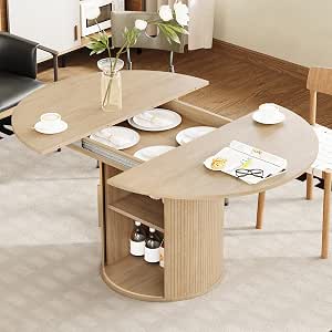 43-59 Inch Extendable Round to Oval Dining Table with Hidden Storage and Sliding Cabinet
