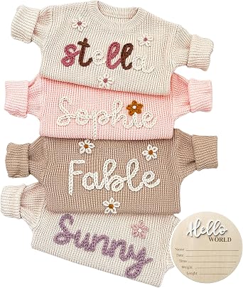 NAZENTI Personalized Baby Sweater with Name, Custom Knit Sweater for Newborn Boys Girls Hand-Embroidered Name & Monogrammed, Infant Pullover, Customized Gift for Baby Shower, Birthday, Christmas