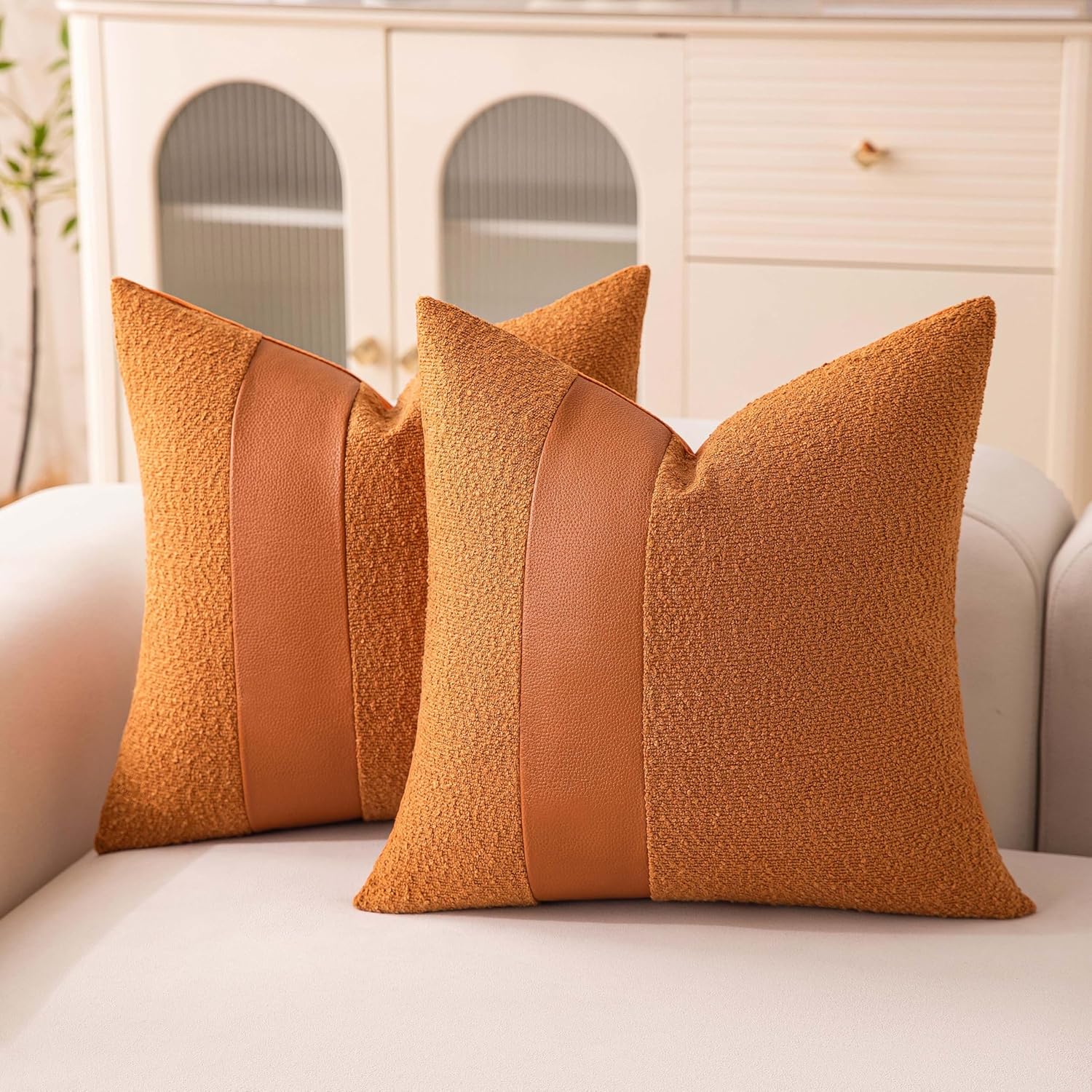Hompooll Pack Of 2 Tobacco Boucle Pillow Covers 18x18 Inch Textured Faux Leather Decorative Throw Pillows For Couch