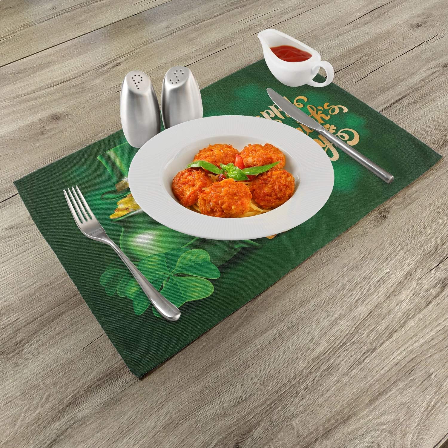 Ambesonne St. Patrick's Day Place Mats Set of 4, Large Pot of Gold Leprechaun Hat Shamrocks Greetings 17th March, Washable Fabric Placemats for Dining Table, Standard Size, Gold Emerald
