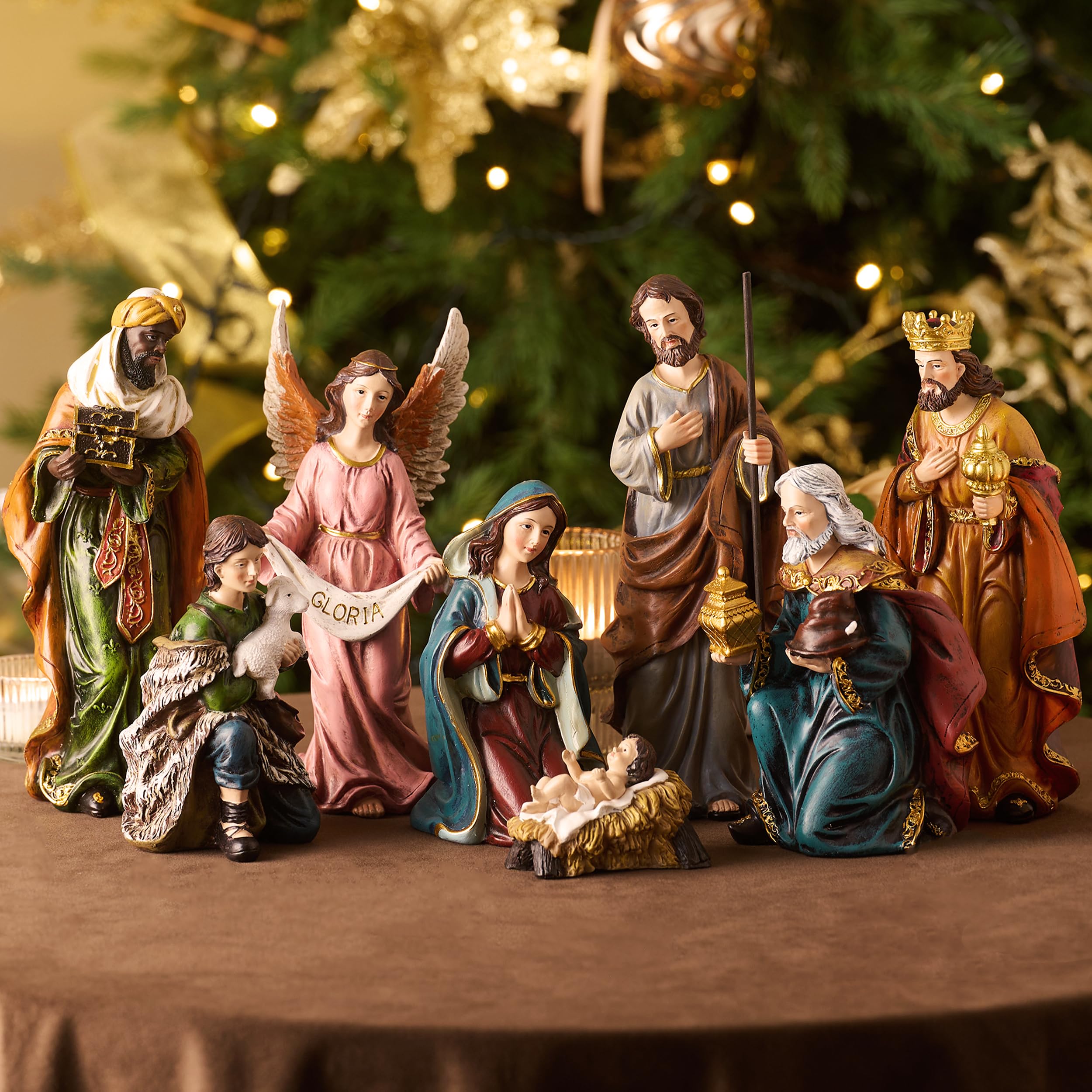 Valery Madelyn Christmas Nativity Set, 8 Piece Nativity Sets & Figures Figurines 8'' Holy Family, Red Gold Green Christmas Scene Jesus Religious for Holiday Indoor Xmas Gift Table Decorations