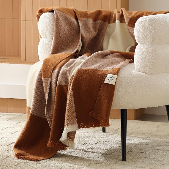 Double Stitch by Bedsure Alpaca Wool Throw Blanket - Soft Warm Blanket for Couch - Luxury Decorative Fleece Blanket, Fall Plaid Blanket, Perfect House Warming Gift, 50" x 60", Harvest Brown ...