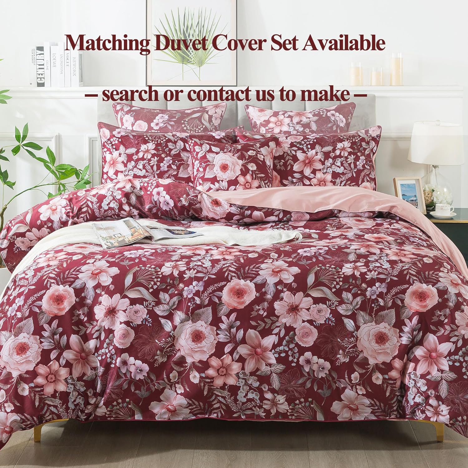 FADFAY Floral Sheets Set King Vintage Red Floral Bedding Shabby Pink Rose Elegant Peony Sheets Rustic Farmhouse Bedding 800 Thread Count 100% Egyptian Cotton Deep Pocket Fitted Sheet 4Pcs, King Size - Image 6