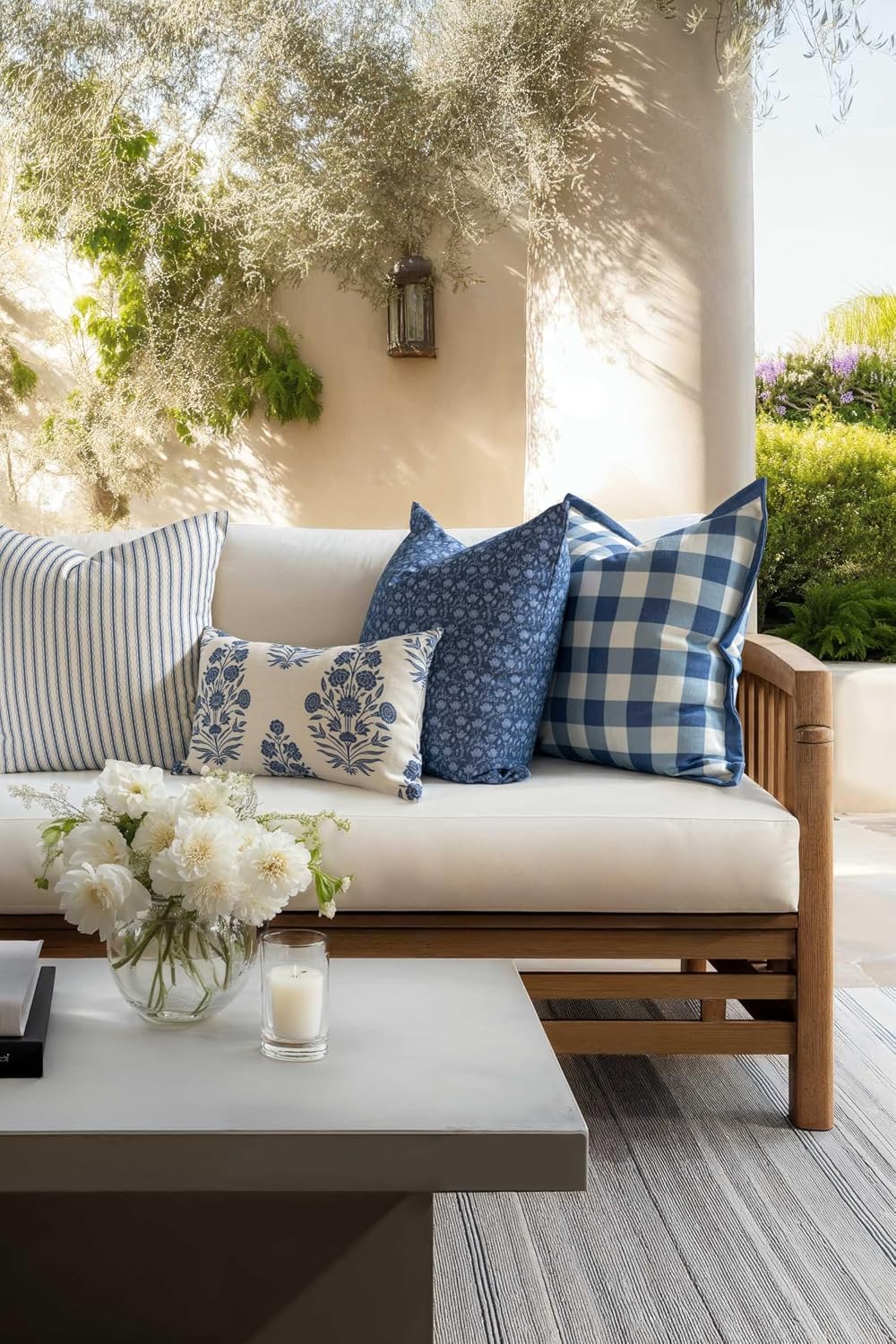 Crumbs Home California Casual Coastal Indoor Outdoor Throw Pillow Cover, 22"x22" Water Repellent for Patio, Backyard, Couch, Poolside, Azure Blue Print Gingham