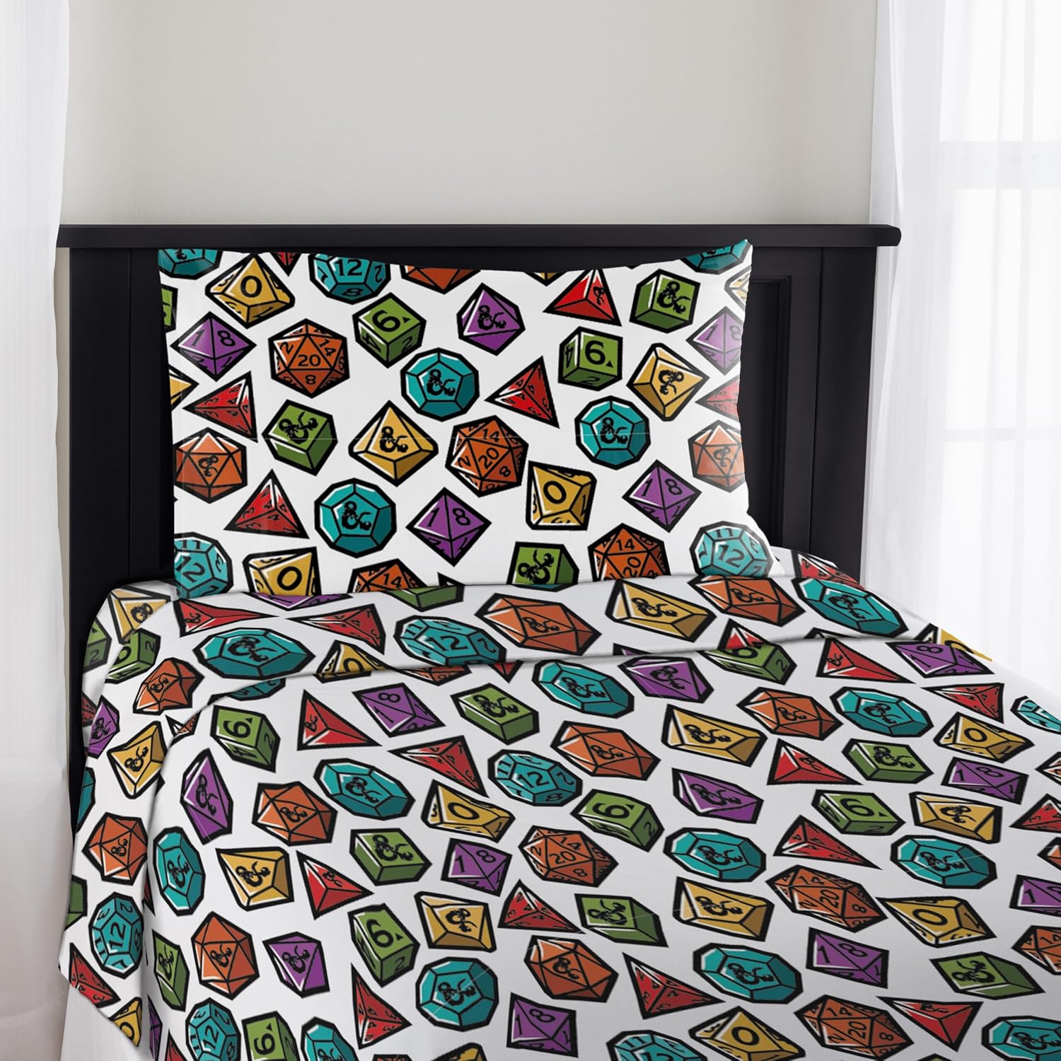 Ashford Textiles Dungeons & Dragons Funny D20 Full Sheet Set, Lightweight Microfiber Bedding Featuring Dice Pattern, Includes Fitted Sheet, Flat Sheet, and Pillowcases
