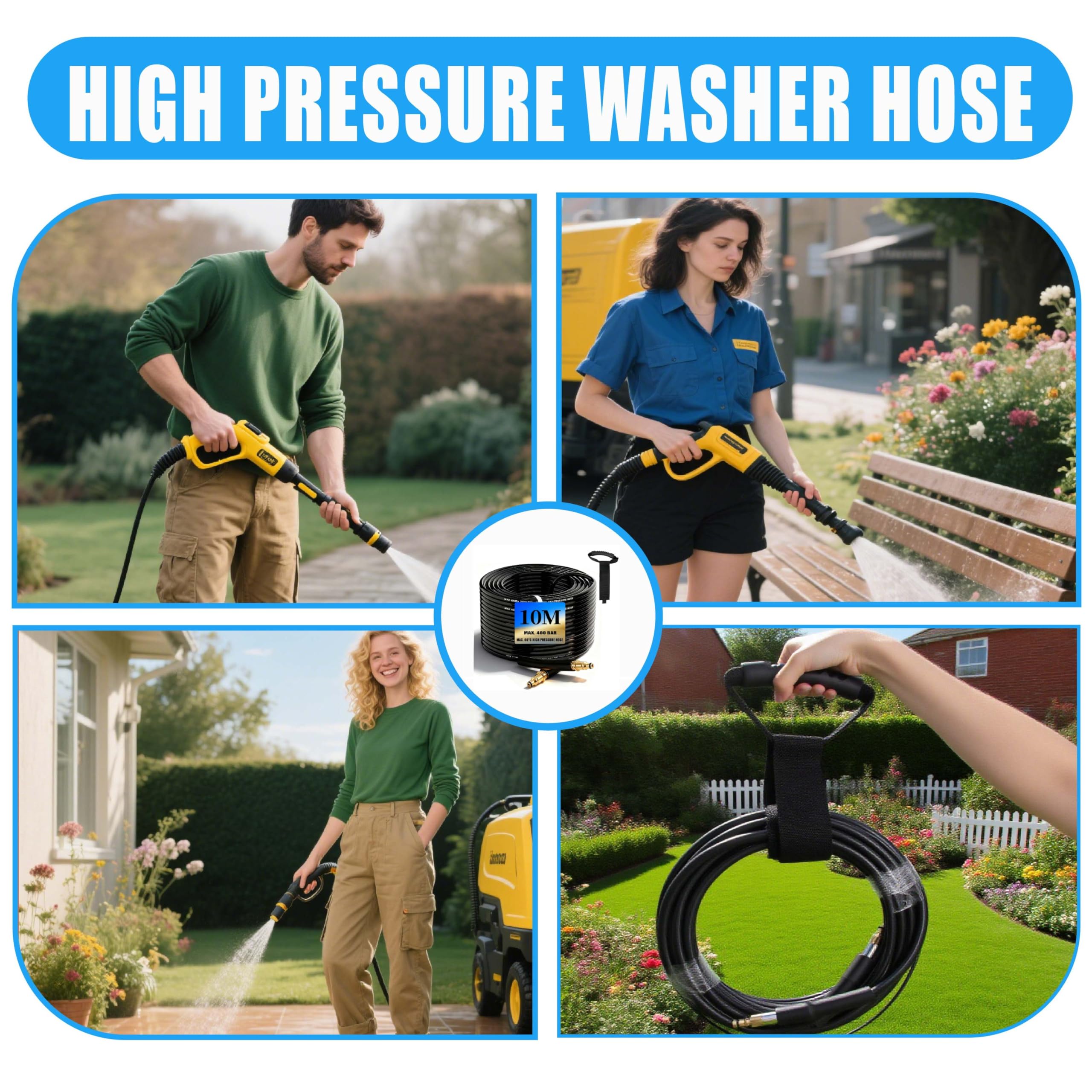 10m tuyau haute pression pour Kärcher K2 K3 K4 K5 K7, 400 Bar (5800 PSI) avec système Quick-Connect-Click, tuyau pratique de prolongation et de remplacement incl. ceinture de stockage