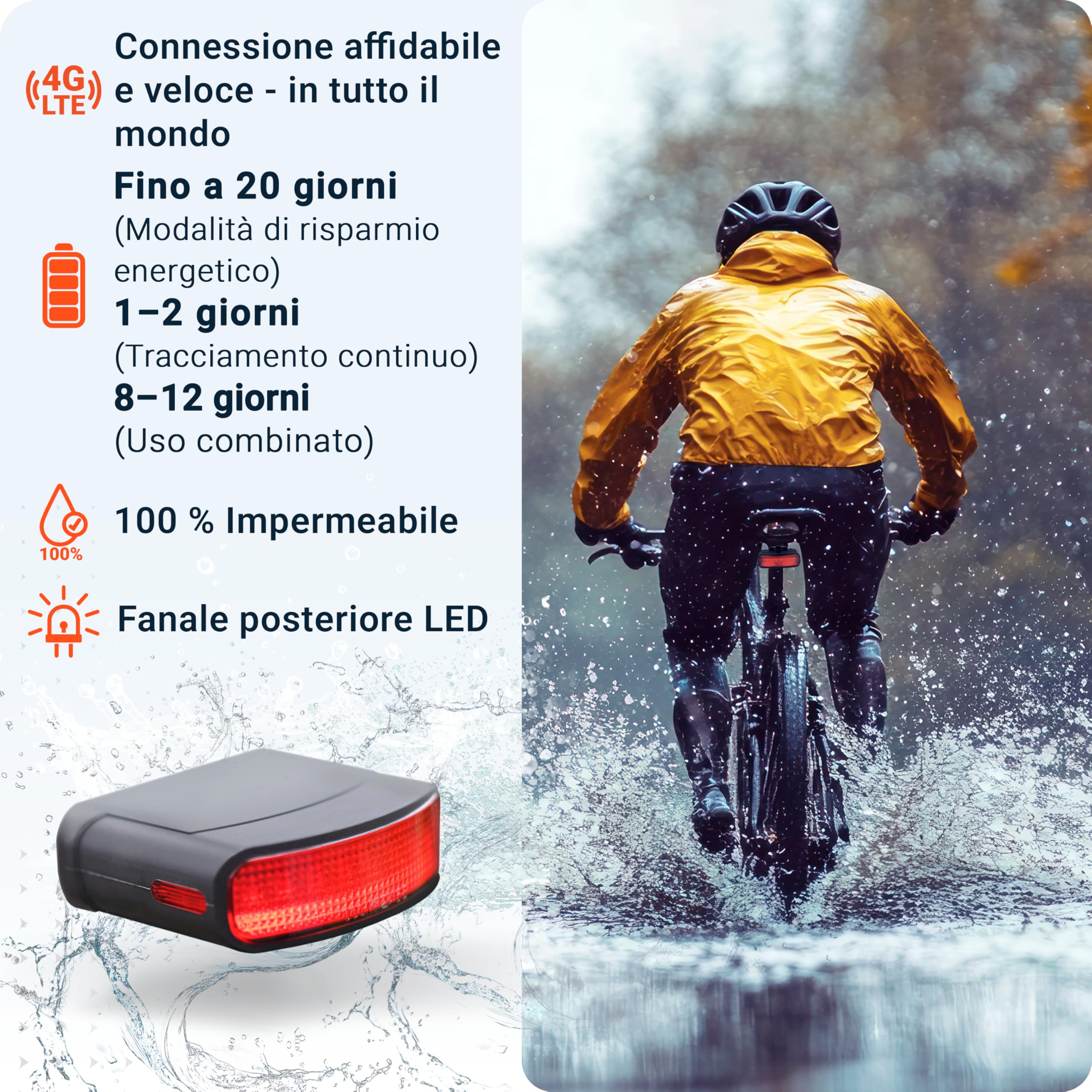 PAJ Tracker Fanale Posteriore 4G – Localizzatore GPS Bici, 3 Mesi Abbonamento Premium Inclusi, Tracking Tempo Reale, Allarme Caduta, Storico Percorsi, Geofence – Impermeabile, Fino A 20gg di Batteria