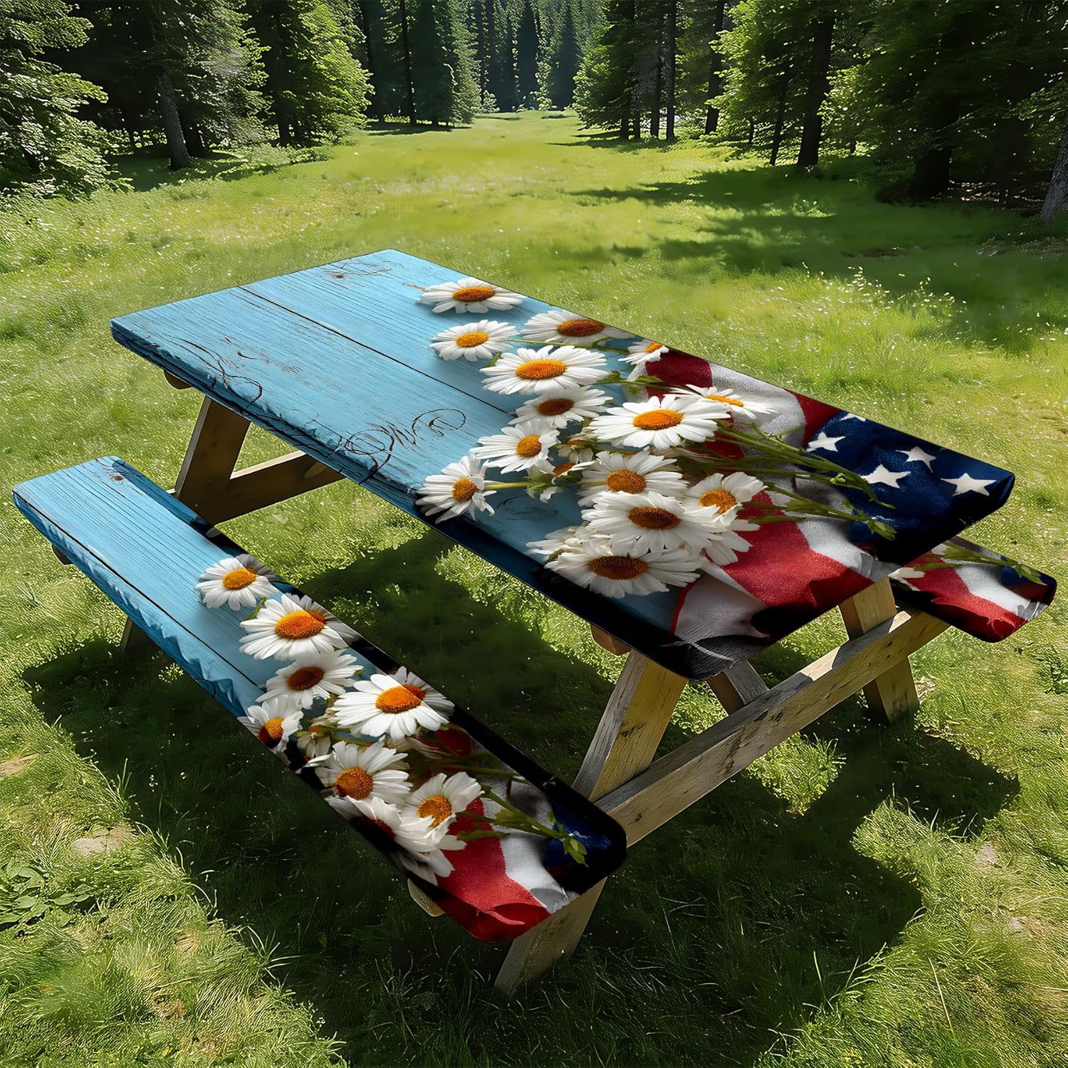 NYZE 3 Pieces Blue Wooden Daisies Picnic Table Cover with Bench Covers Set, Independence Day Camping Tablecloth Bench Covers with Drawstring Bag, Camping Essentials for Outdoor Picnics, Patio, BBQ