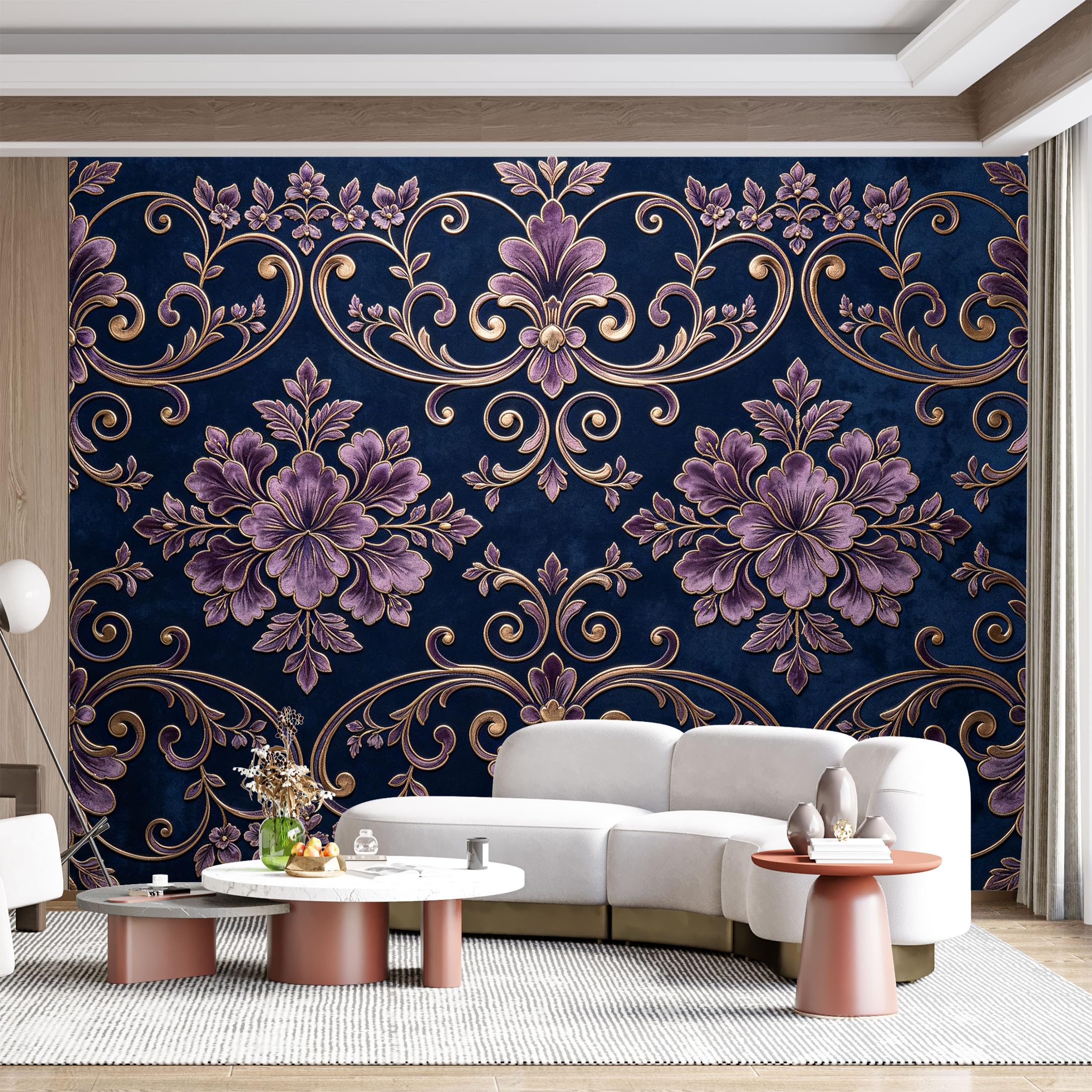 Custom Size Wall Mural Ornate Floral Baroque Damask Scrollwork Embossed Gold Purple Textured Victorian Floral Swirls SelfAdhesive Wall Fabric Removable for Home Office Decor