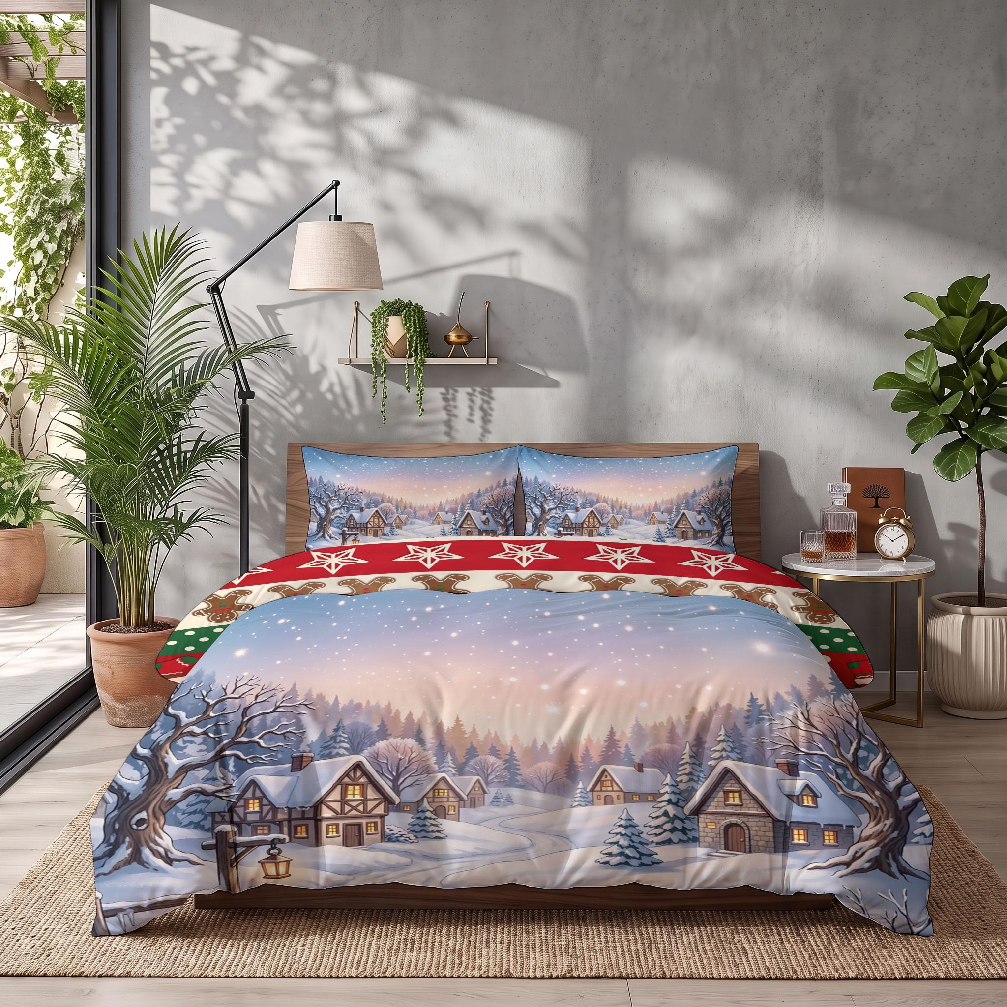 Light Blue Duvet Cover Set King Winter Sunrise View Bedding Set | Retro Christmas Village Comforter Cover Sets All Seasons, 3 Pieces Soft Autumn Bed Sets Gift for Women Girls