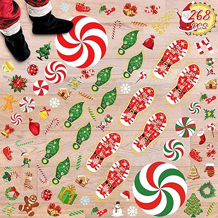 268PCS Christmas Peppermint Floor Clings Footprints Decorations - Santa Claus/Elf/Candy/Snowman Decals Xmas Party Decor Supplies