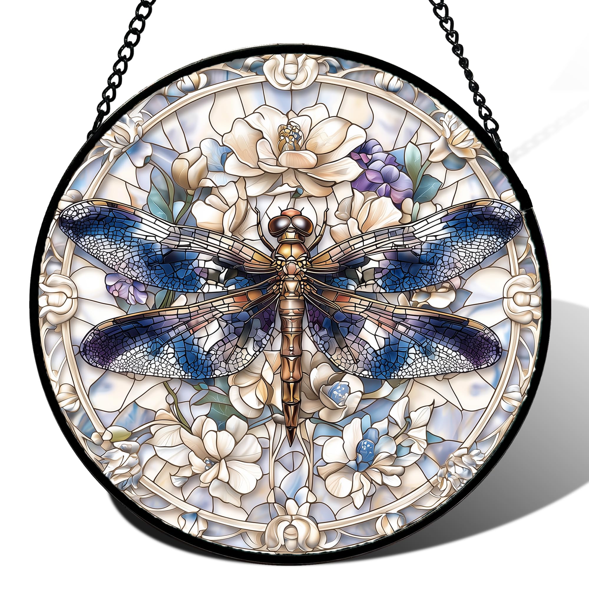 Dragonfly White Florals Stained Glass Window Hanging Suncatcher Gifts 15"