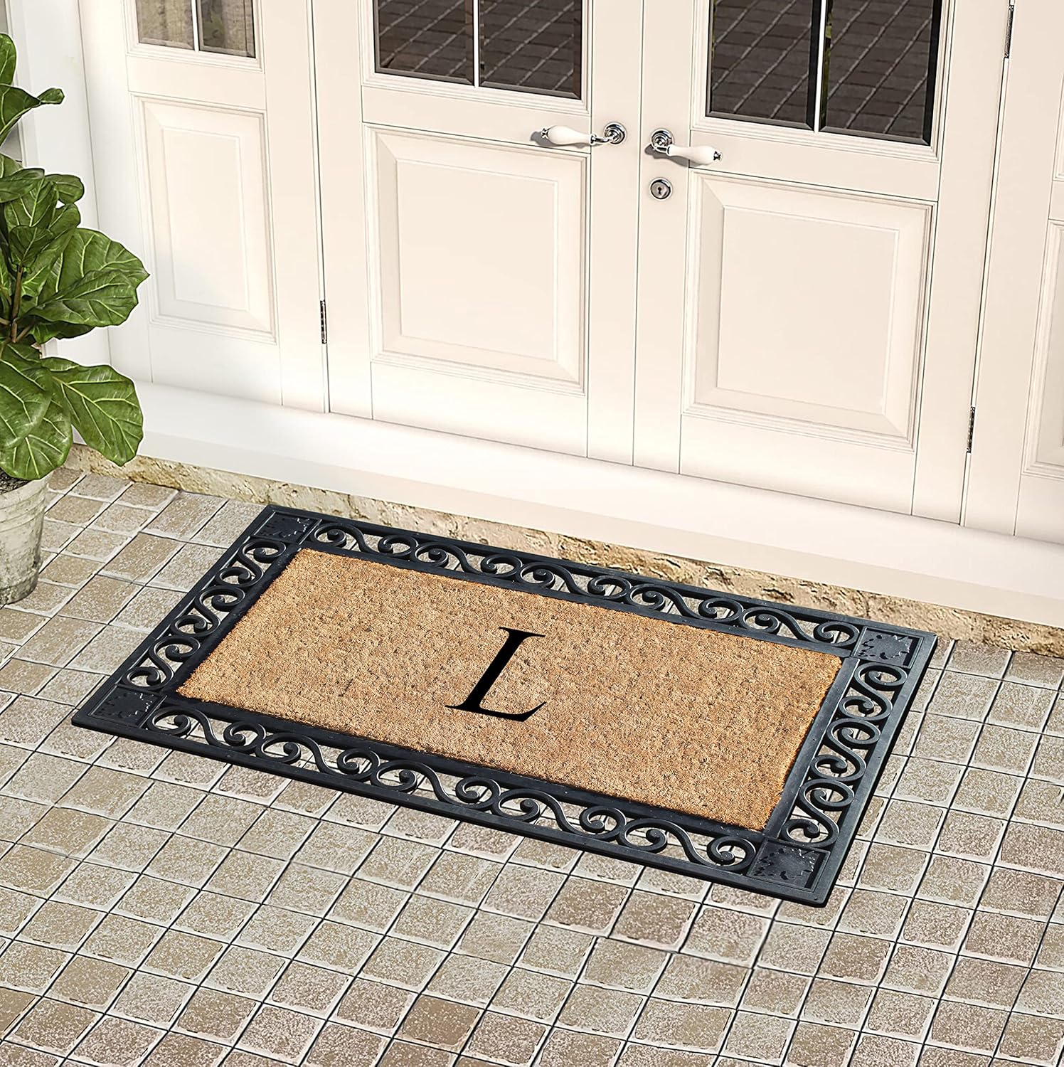 A1HC Natural Coir Monogrammed Door Mat for Front Door, 23x38, Anti-Shed Treated Durable for Outside Entrance, Heavy Duty, Thin Profile Mat, Easy to Clean, Long Lasting Entrymat - Black Beige