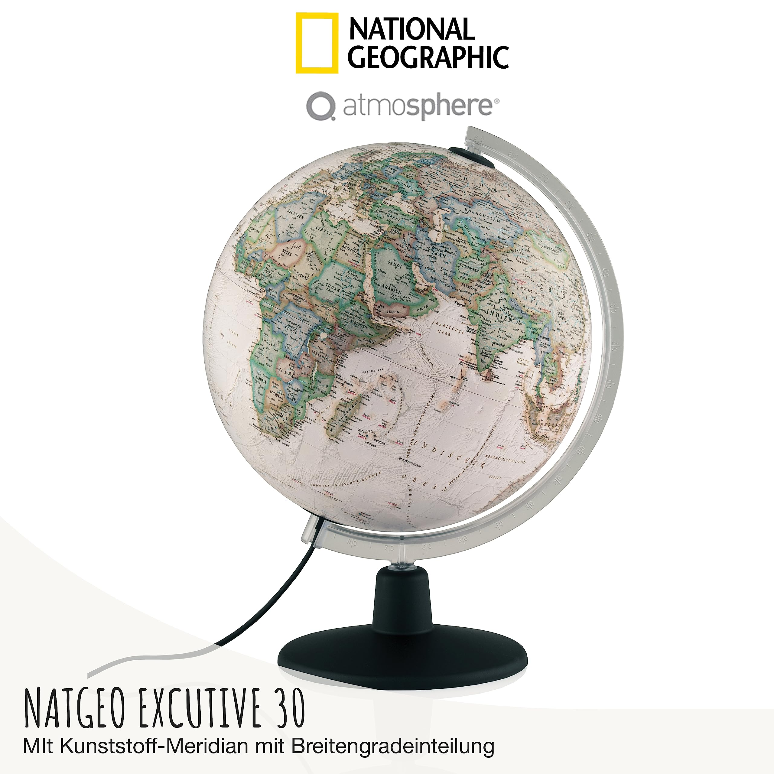 National Geographic NATGEO Executive Antik-Globus - 30 cm Globus mit politisch-physischer Kartografie in deutscher Sprache, beleuchtet und mit drehbaren Kunststofffuß