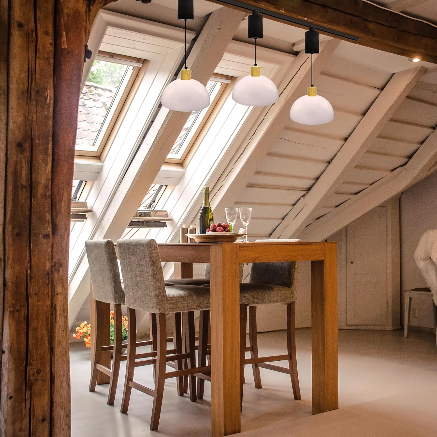 Adjustable Height Halo Track Lighting Pendants, 4 Ft Cord, H-Type Dimmable Natural Wood E26 Socket Round Bowl Chandeliers Milk White Glass Shade for Kitchen Island Vaulted Ceiling