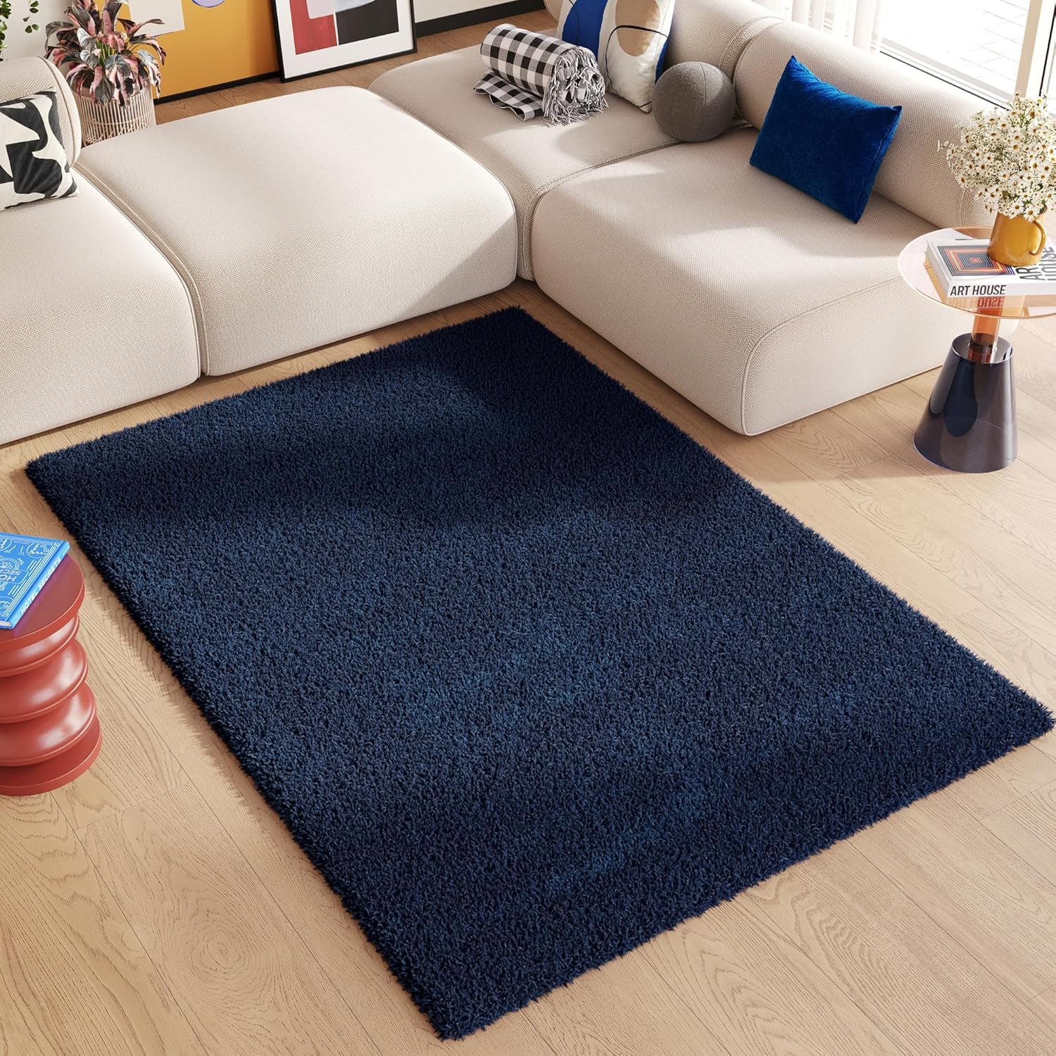 Tapis bleu foncé avec canapé clair