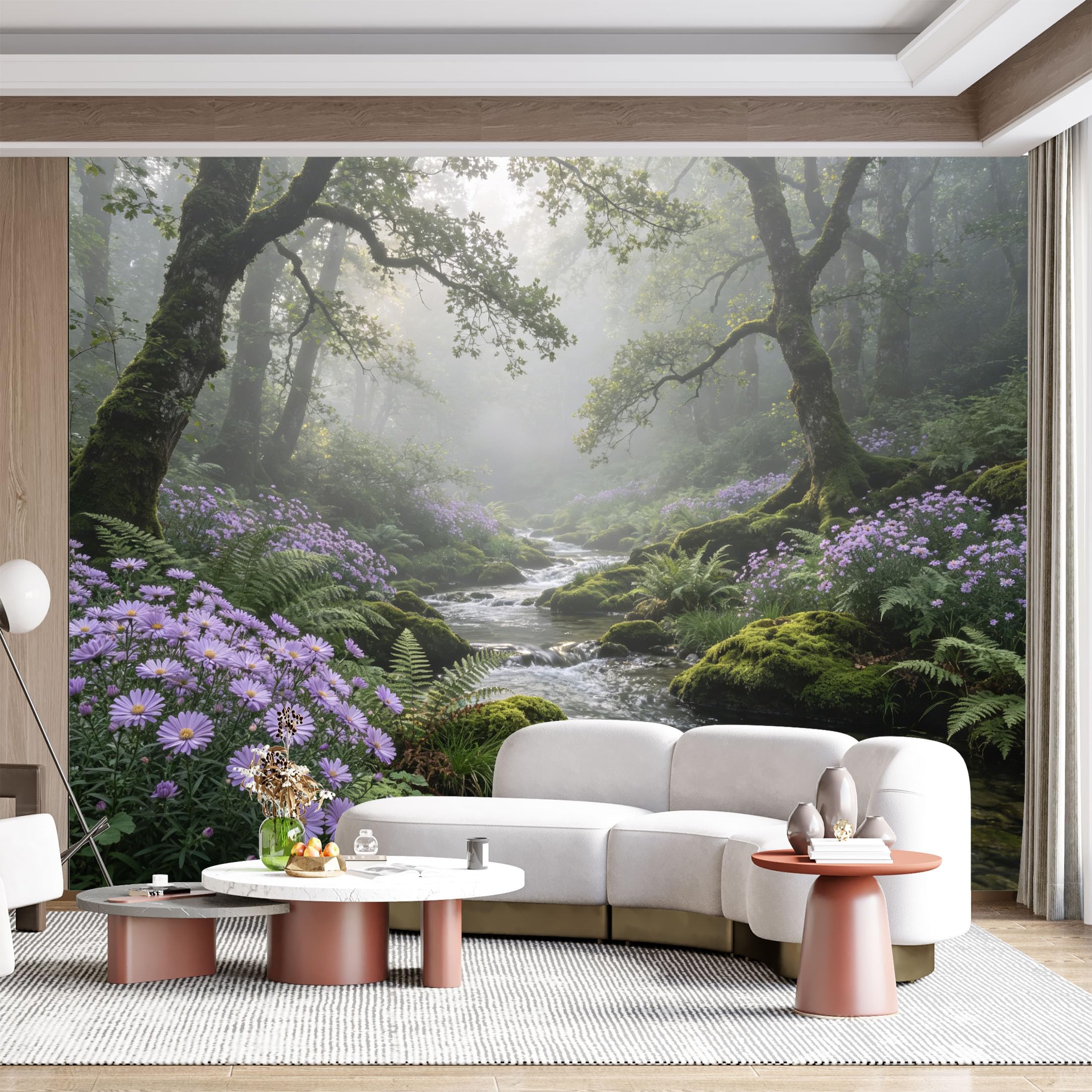 Custom Size Wall Mural Misty Forest Stream Floral Landscape Watercolor SelfAdhesive Wall Fabric Removable for Home Office Decor