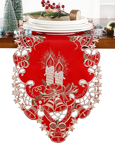 GRANDDECO Camino de mesa de Navidad para fiestas de granja, bordado, velas rojas, bufandas de tocador, Navidad, hogar, cocina, decoración de mesa