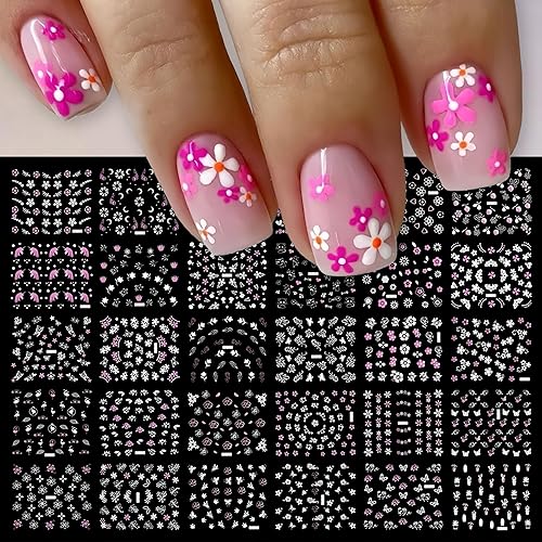 30Pcs Flower Nail Art Stickers Decals 3D Pink White Heart