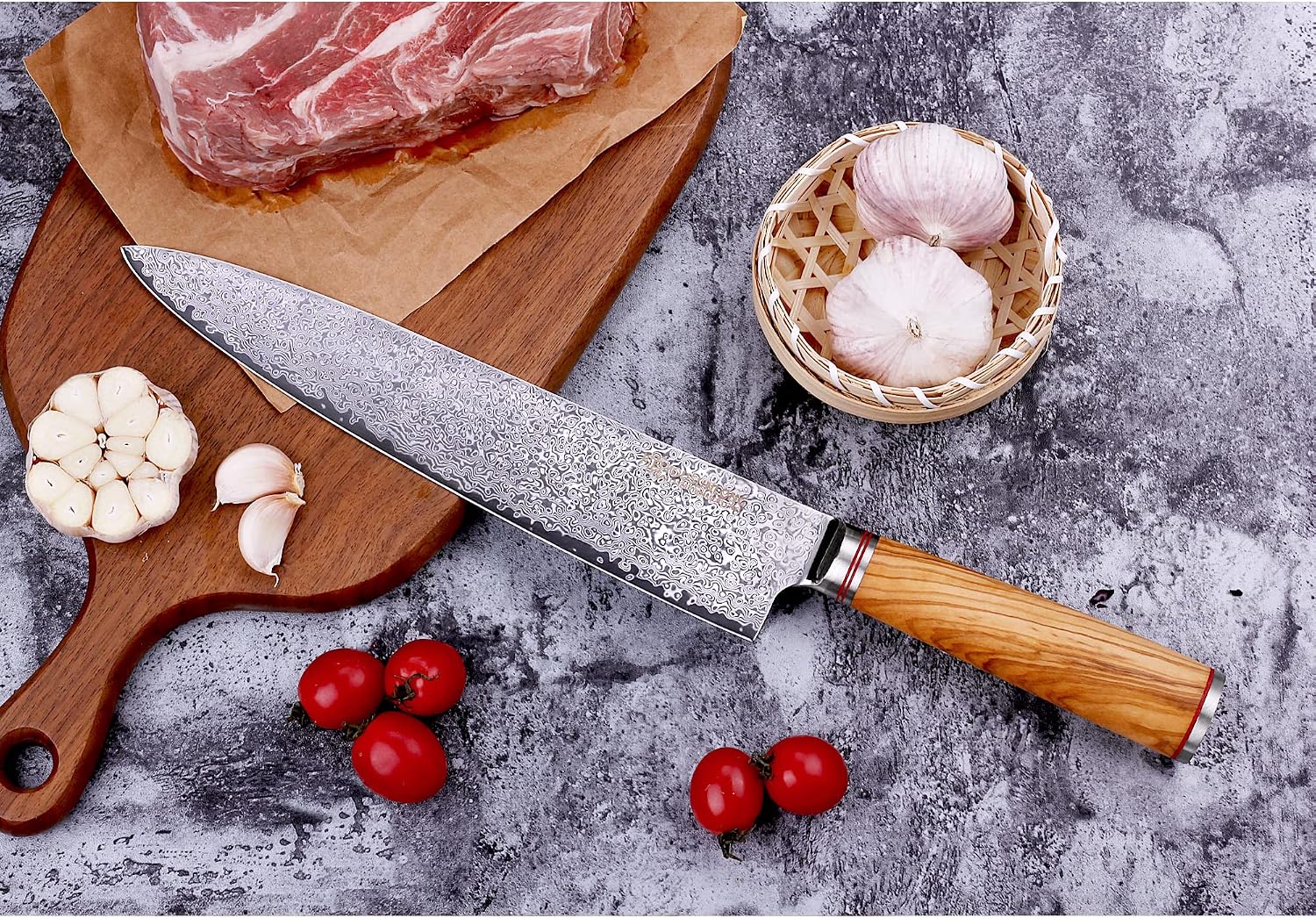 YOUSUNLONG Chef's Knife 10 Inch (25.5cm) Japanese Cleaver Damascus Steel Super Sharp - Italian Olive Wood Handle With Leather Sheath
