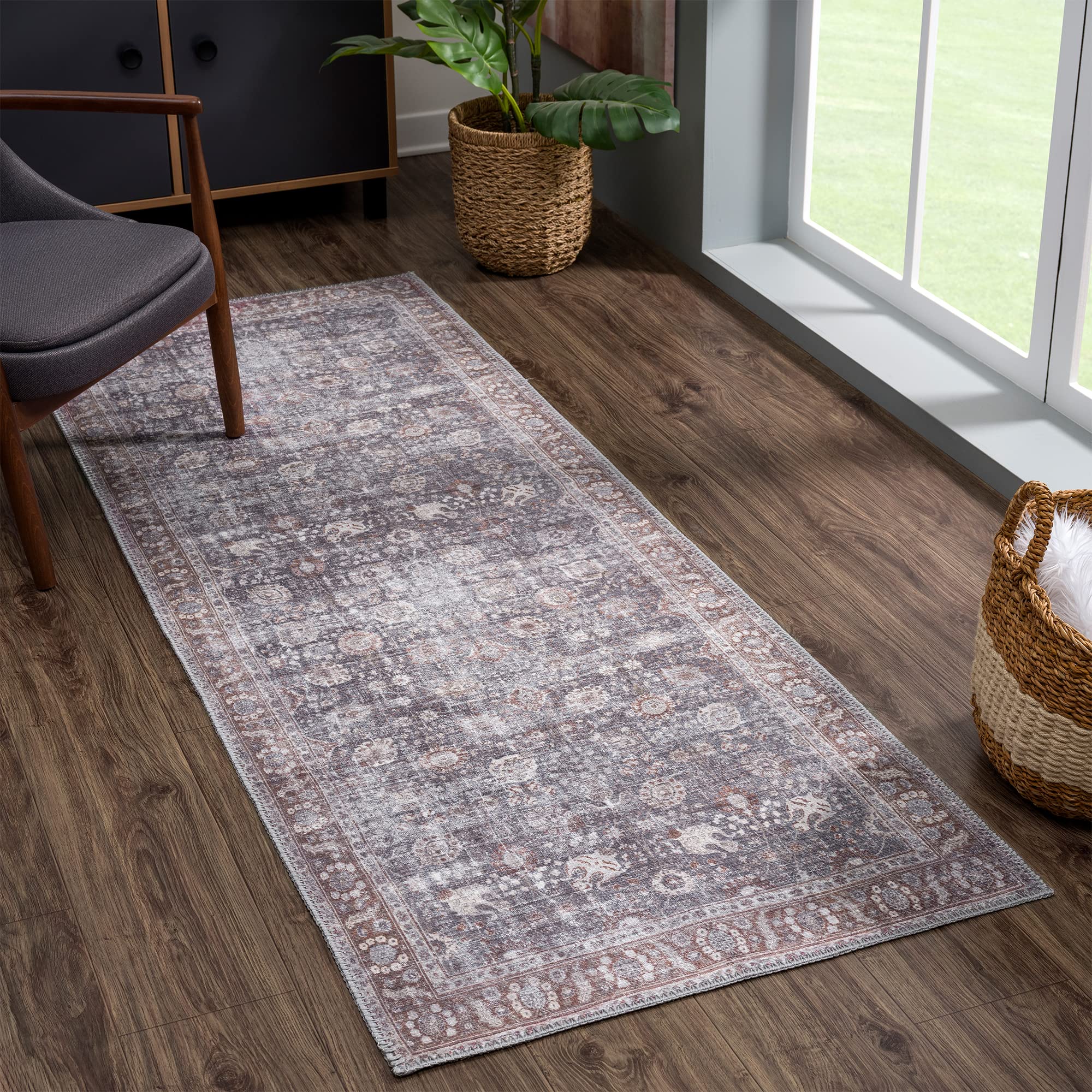 Bloom Rugs Washable 7 ft Runner - Brown/Dark Gray Traditional Runner for Entryway, Hallway, Bathroom, and Kitchen - Exact Size: 2.5' x 7'