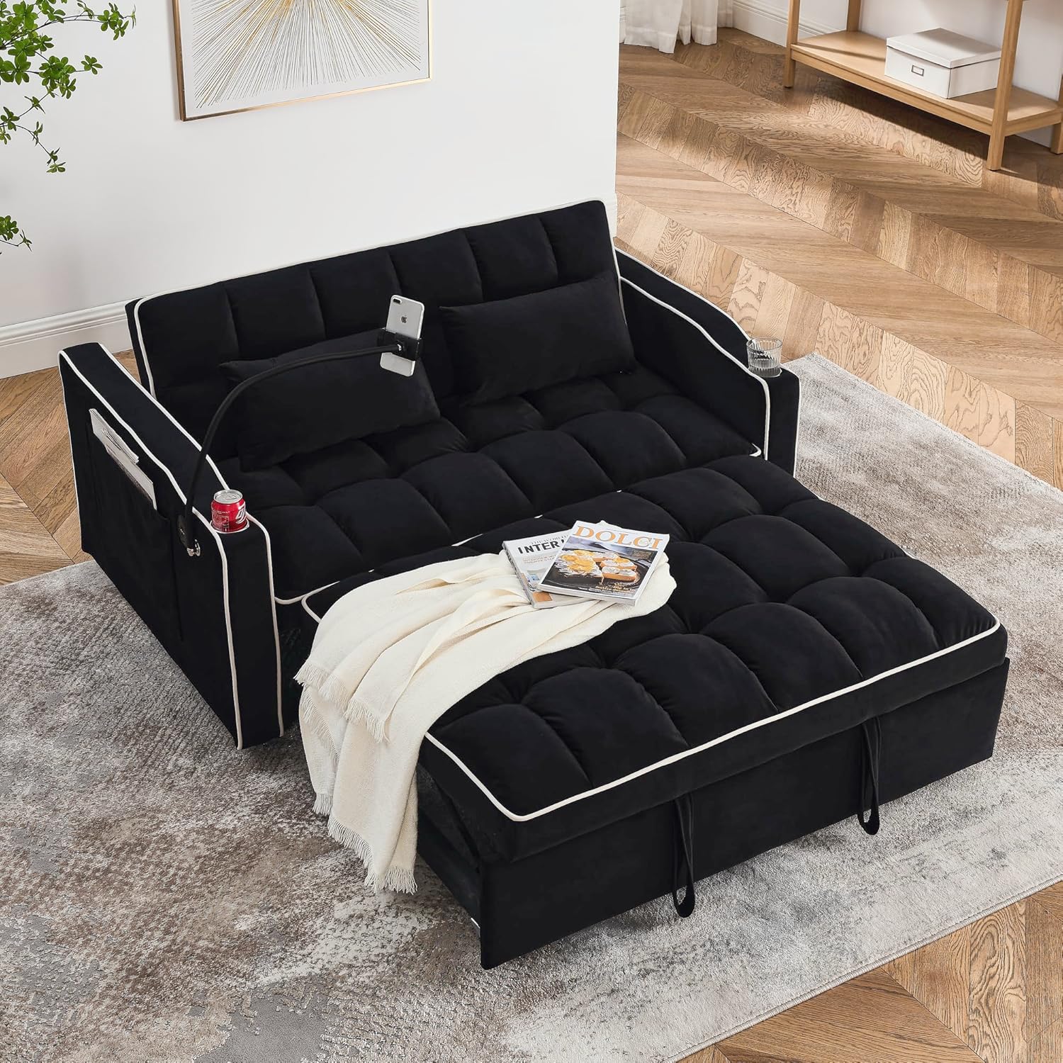 55" Convertible Sofa Bed Pull Out Couch Bed- Velvet Tufted 3-in-1 Futon Loveseat Couch Lounge Sofa with Reclining Backrest, Side Pocket,USB & Type C Phone Stand for Living Room Apartment Office