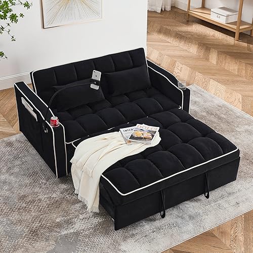 Miniatura 67 de Sofá cama biplaza de terciopelo convertible y moderno con cama desplegable, respaldo ajustable y 2 almohadas lumbares, para espacios pequeños (gris