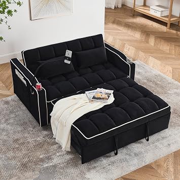 55.51 inch Versatile Foldable Sofa Bed in 3 Lengths, Modern Sofa Velvet Pull-Out Bed, Adjustable Back with USB Port and Ashtray and Swivel Phone Stand for Living Room Black-91A