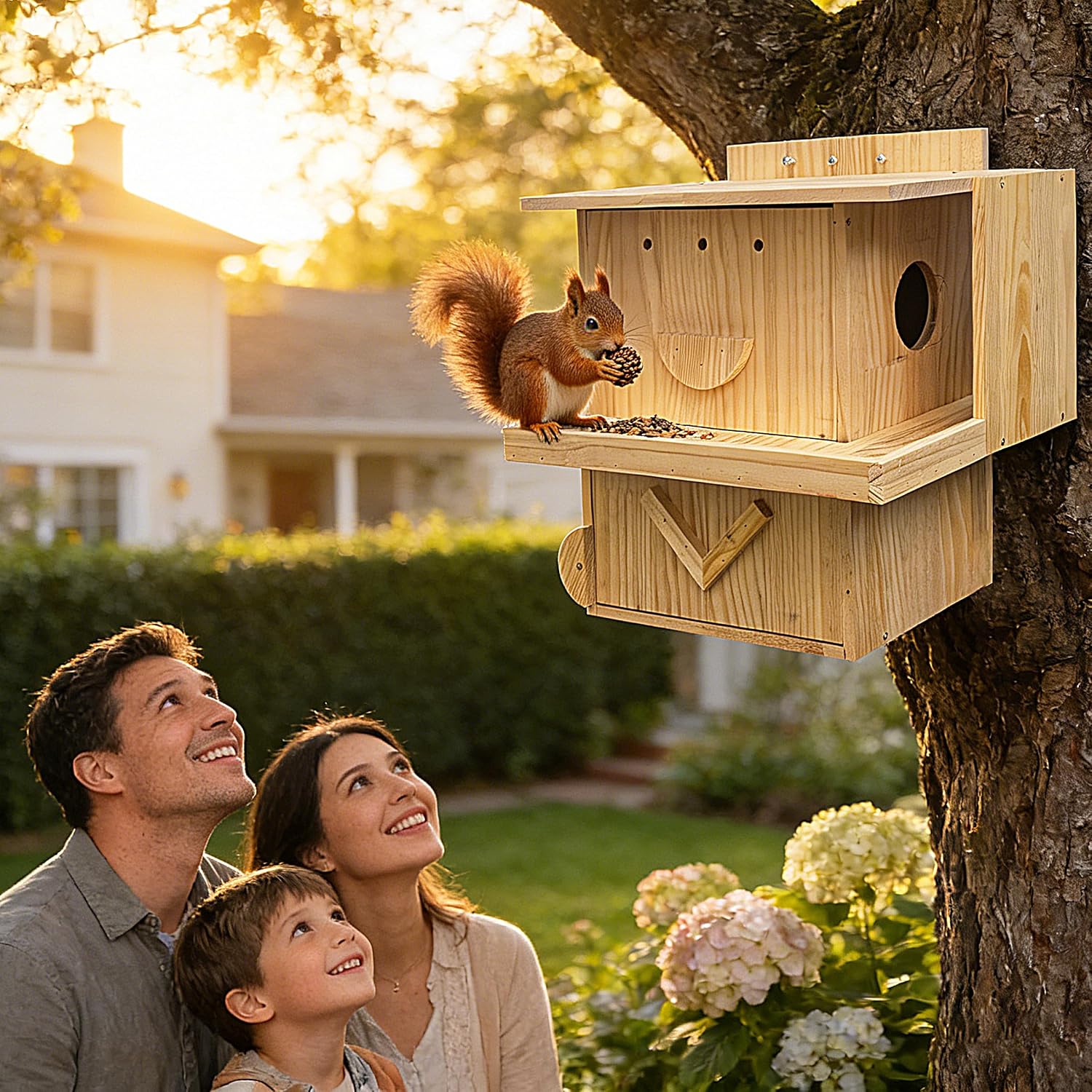 Handmade Extra-Large 2-Story Squirrel House with L-Shaped Feeder Porch - Solid Wood Nest Box for Tree or Fence - Easy-Clean Dual Access - DIY Seal Ready - Mounting Kit