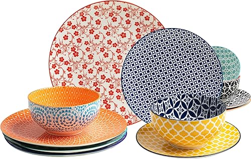 Vista 7 de LEHAHA Juego de vajilla de porcelana moderna de 12 piezas, servicio para 4, juegos de platos y cuencos de cerámica, cena de cocina, ensalada, plato