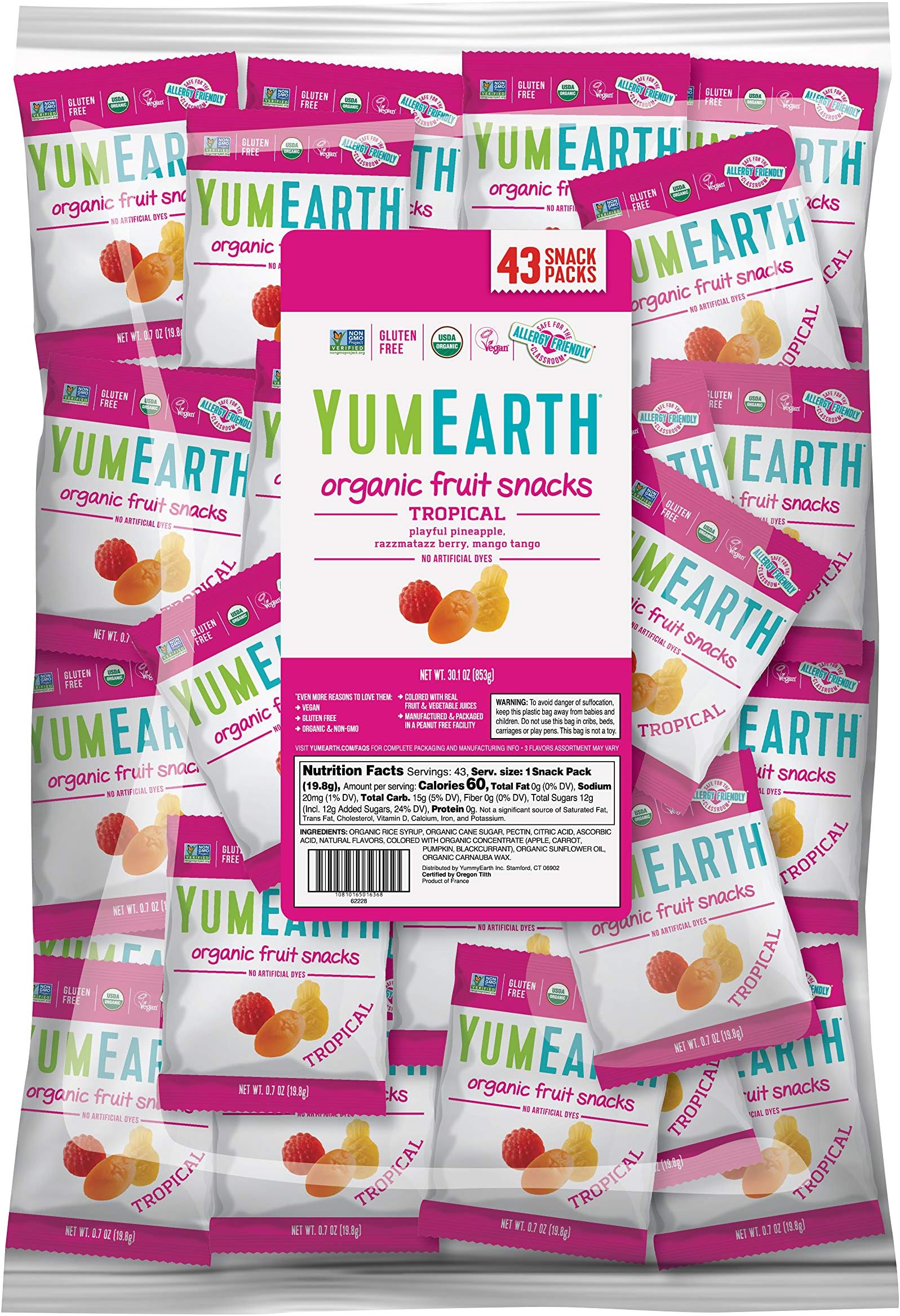 YumEarth Organic Tropical Flavored Fruit Snacks, 43ct- 0.7oz Snack Packs, Allergy Friendly, Gluten Free, Non-GMO, Vegan, No Artificial Flavors Or Dyes