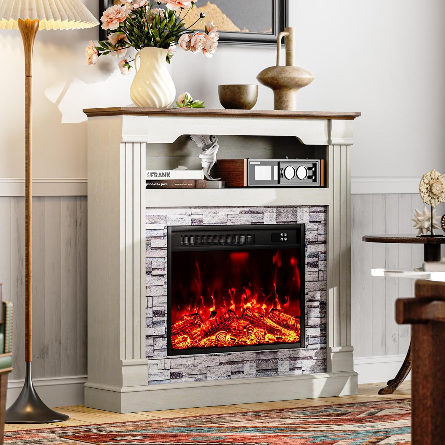 40" H Electric Fireplace with Mantel, LED Flame Effect,4800 BTU Heating Small to Medium Spaces 60-99°F,Overheat Protection,Remote Control,Freestanding (Off White)
