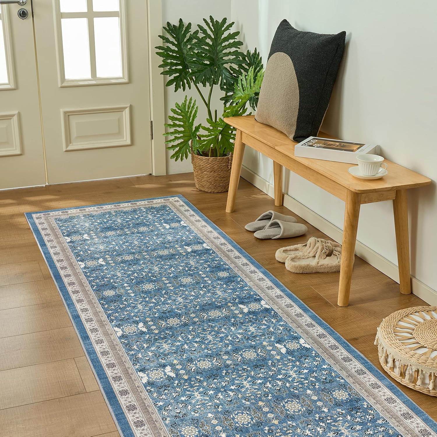 WITSHOCK Vintage 2x6 Runner Rug for Hallway, Soft Non-Slip Low Pile Blue Boho Retro Washable Area Rug for Living Room, Bedroom, Kitchen, Dining Room, Meeting Room
