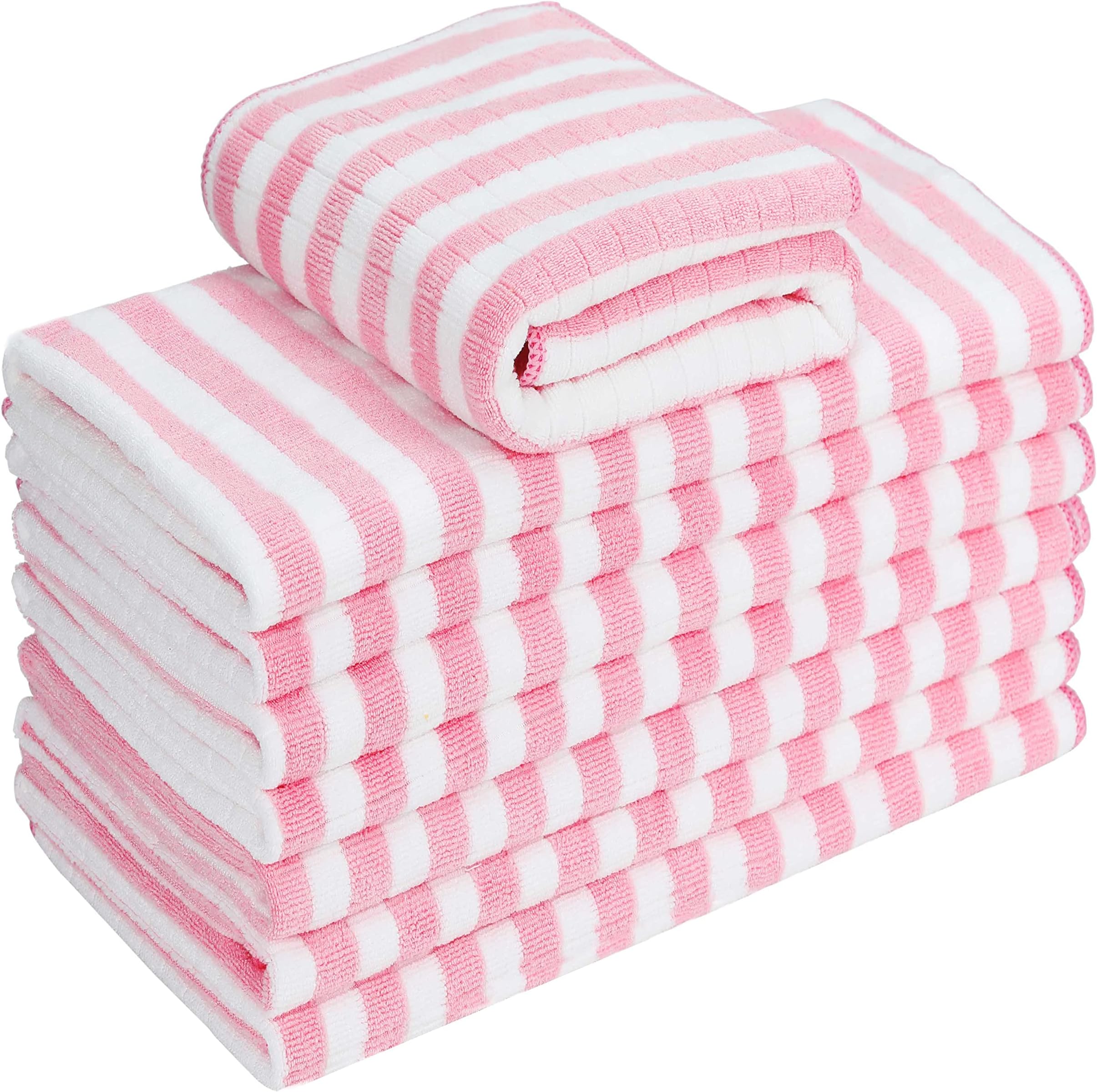 8 Pack Microfibre Tea Towels, Super Absorbent, Soft and Thick Kitchen Towels(400gsm, 117g/piece), Check designed with Hanging Loops, 65 x 45 cm, Pink