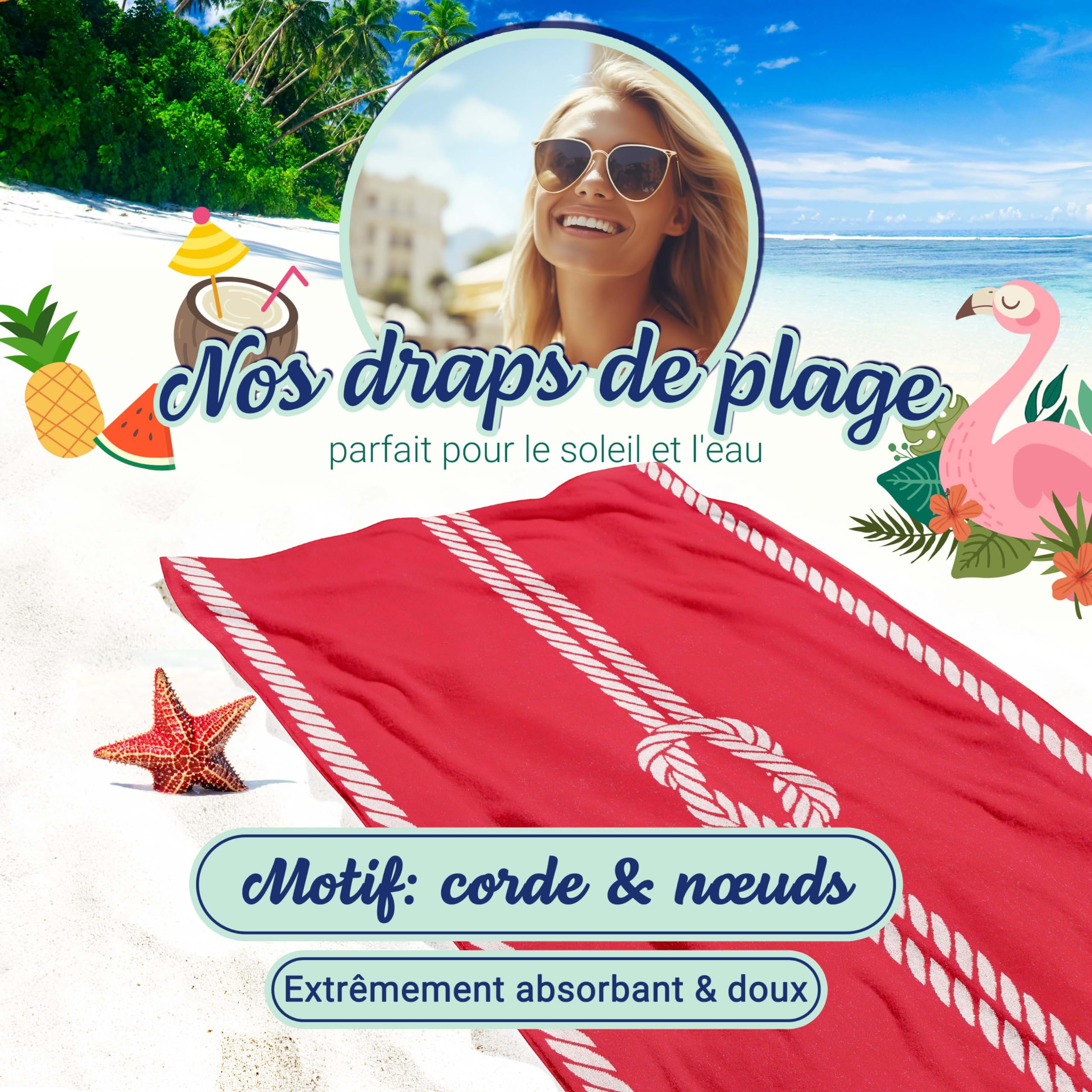 ZOLLNER Drap de Plage, 100x200 cm, Serviette de Plage, Coton, Rouge-Blanc
