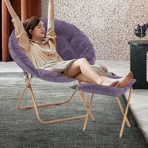 Miniatura 4 de MoNiBloom Silla redonda plegable de piel sintética para dormitorio, sala de estar, dormitorio, marco de metal plegable, de gran tamaño, cómoda,