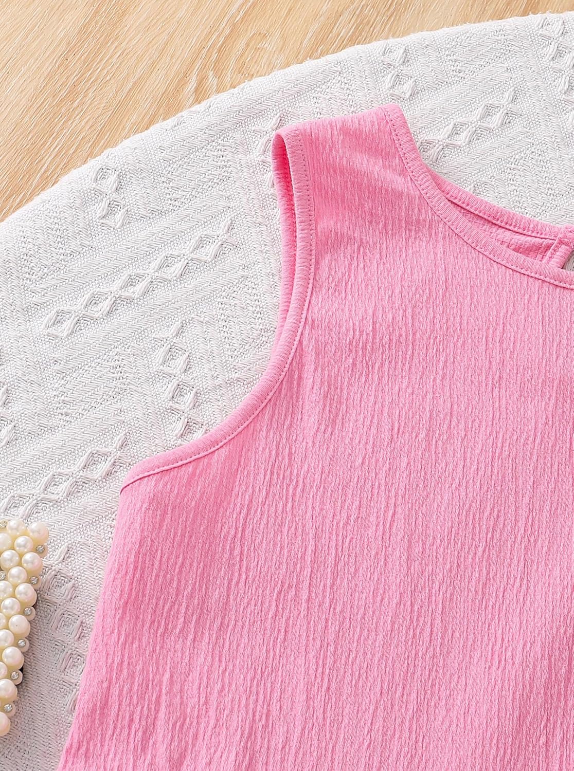 ガールズサマーアウトフィット テクスチャードフリル裾ノースリーブタンクトップとショートセット バケーションビーチ