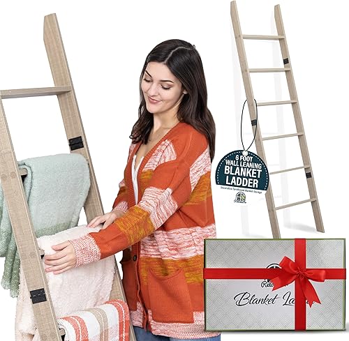 Miniatura 3 de Escalera para manta para sala de estar y dormitorio, construcción laminada de 6 niveles inclinada para pared, sin enganches (roble ahumado),