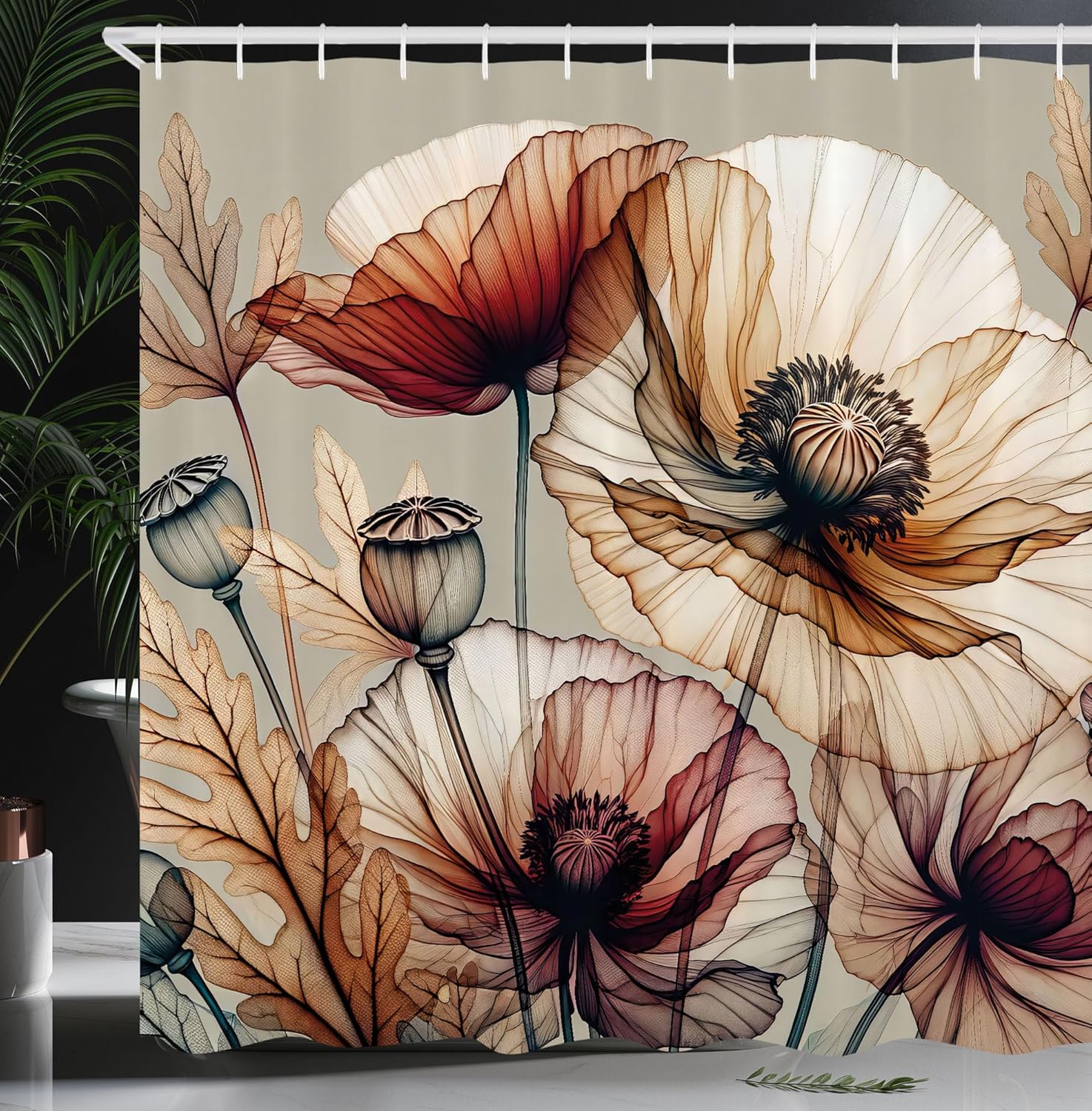 Ambesonne Vintage Shower Curtain, Fantasy View Poppy Flowers with Bold Dreamy Petals with Leafy Details, Cloth Fabric Bathroom Decor Set with Hooks, 69" W x 75" L, Pale Maroon Grey Yellow