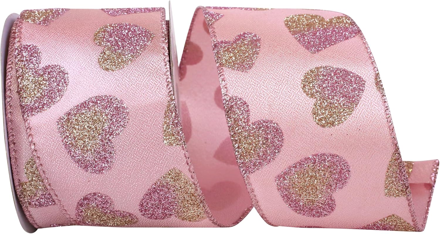 Reliant Ribbon 93775W-061-40F グリッター ピンク ツートーン ハート 光沢 有線エッジ リボン 2-1