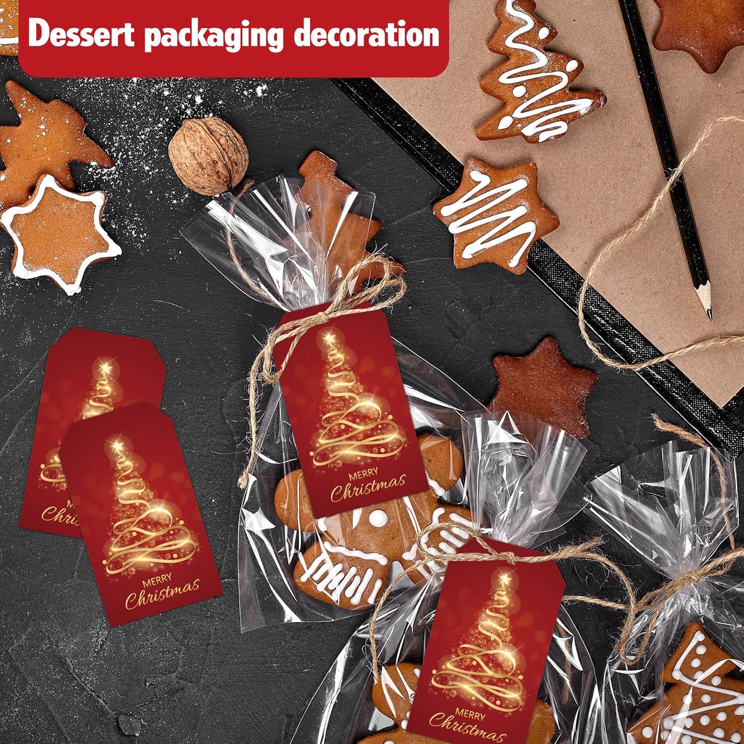 Red Gold Merry Christmas Gift Labels with String, 2x3.5 Inches Golden Foil Christmas Paper Gift Tags, 50PCS Xmas Presents Paper Hang Tags, Holiday Wrapping Party Favor Decor Supplies-A05 - Image 4