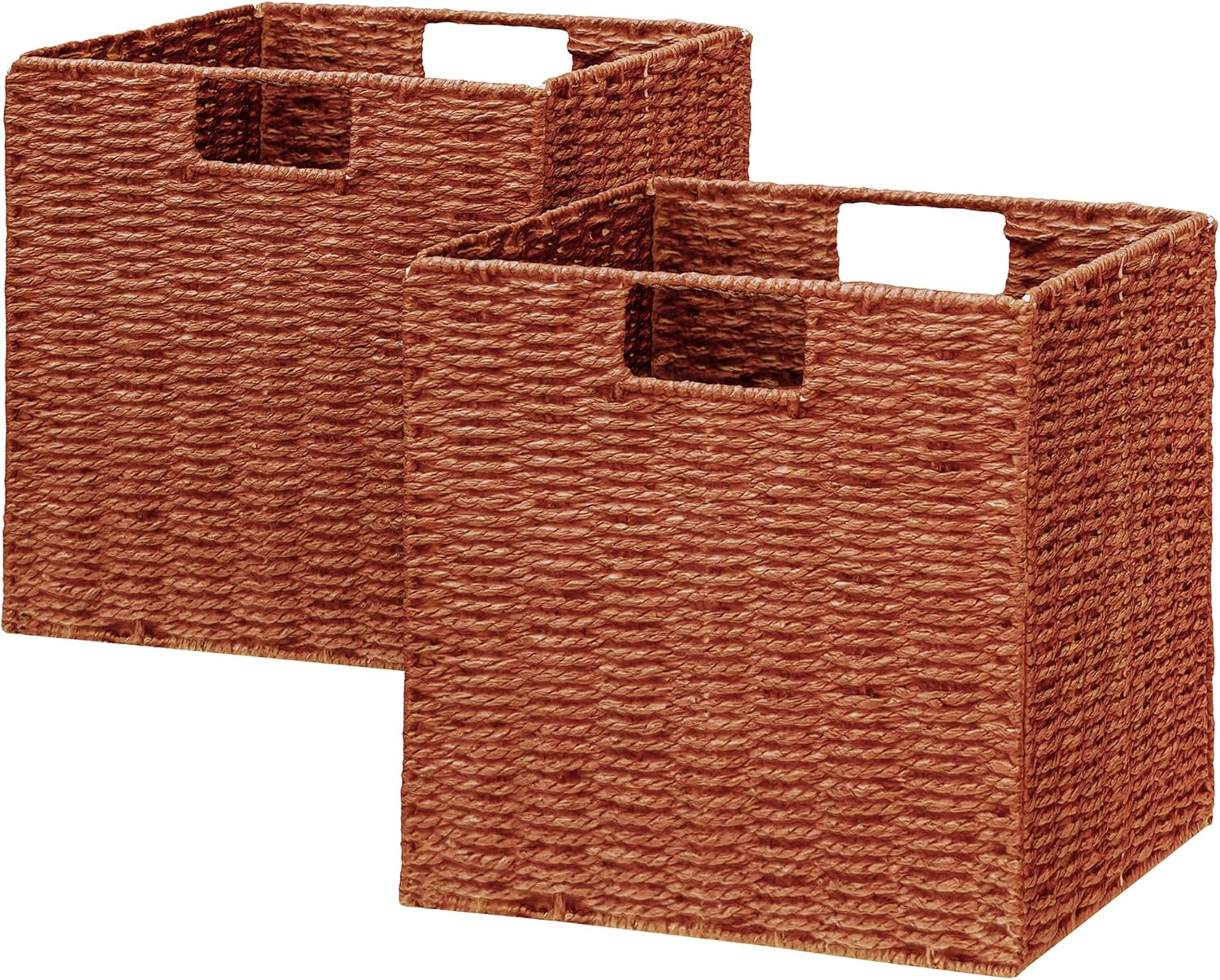 Vagusicc Wicker Storage Basket, Set of 2 Hand-Woven Paper Rope Wicker Baskets, Foldable Cube Storage Bins, 11 inch Storage Basket, Square Baskets for Organizing Shelves & Decor, Orange (11″×11″×11″)