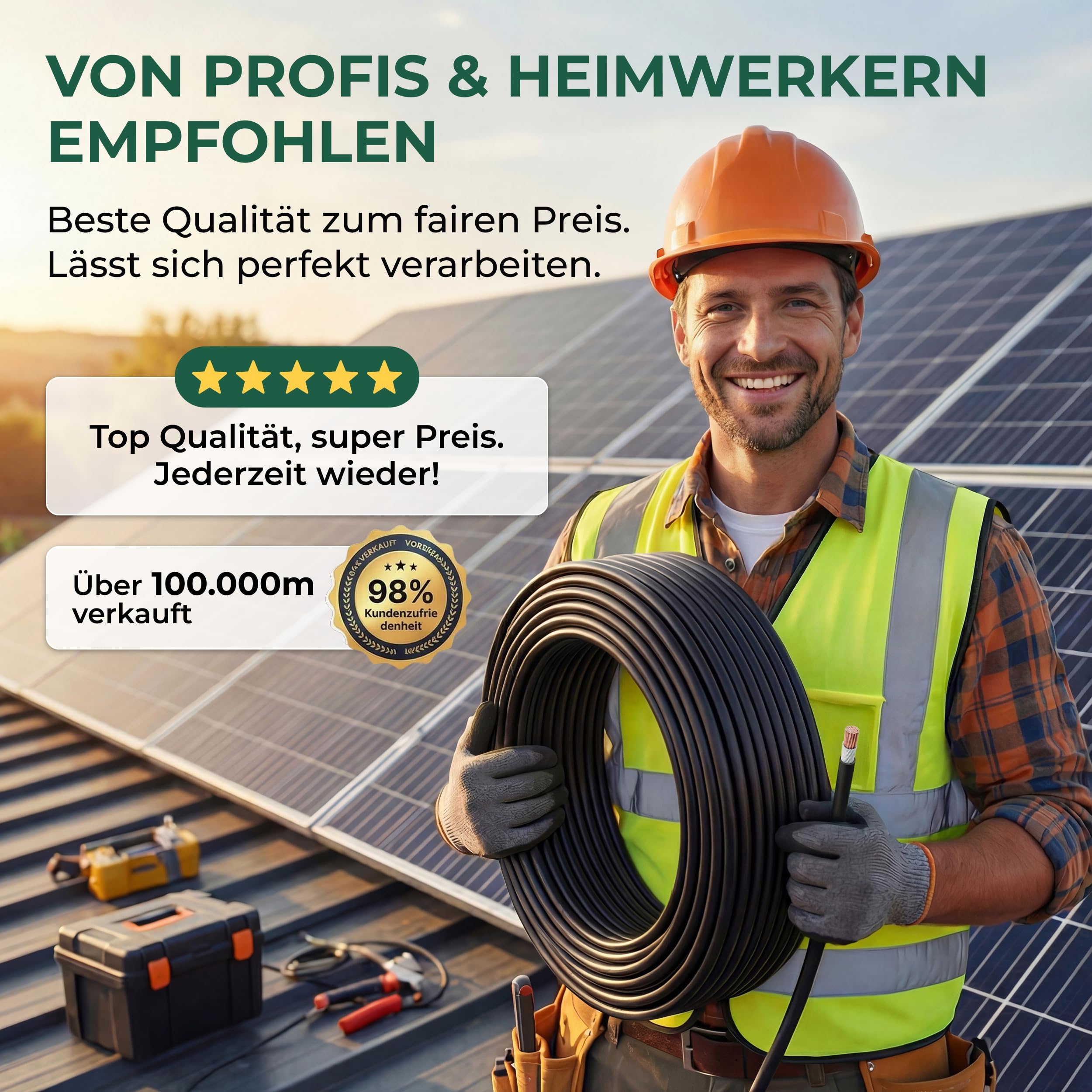 Sovolar Solarkabel 6mm2 100m Rolle Schwarz – H1Z2Z2-K PV Kabel, TÜV zertifiziert, UV-beständig nach EN 50618 für Photovoltaik – 0% MwSt gemäß §12 Abs. 3 UStG
