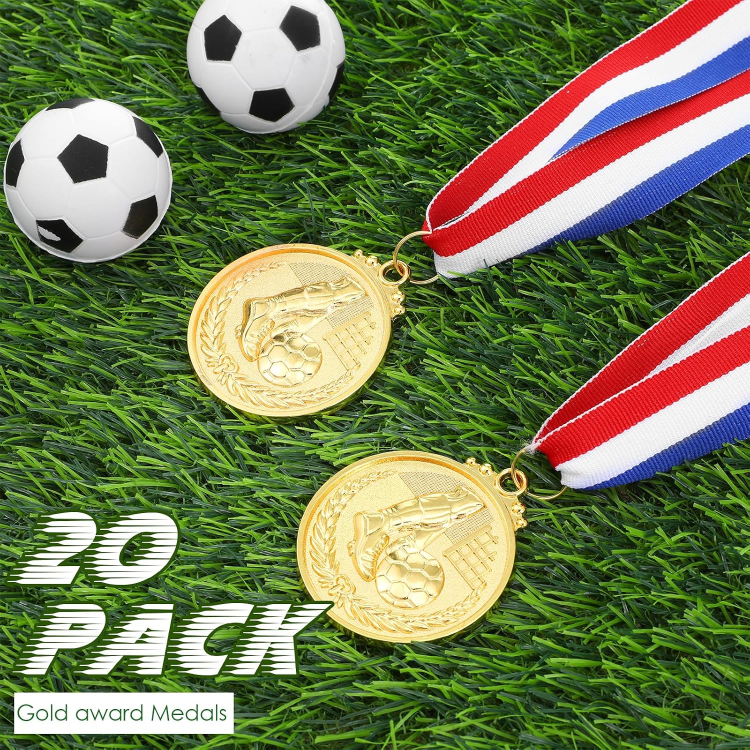 20 Pcs Gold Award Medals Set Soccer Gold Metal Medals with Ribbons for Party Favors Prizes Awards Team Gifts - 2 Inch