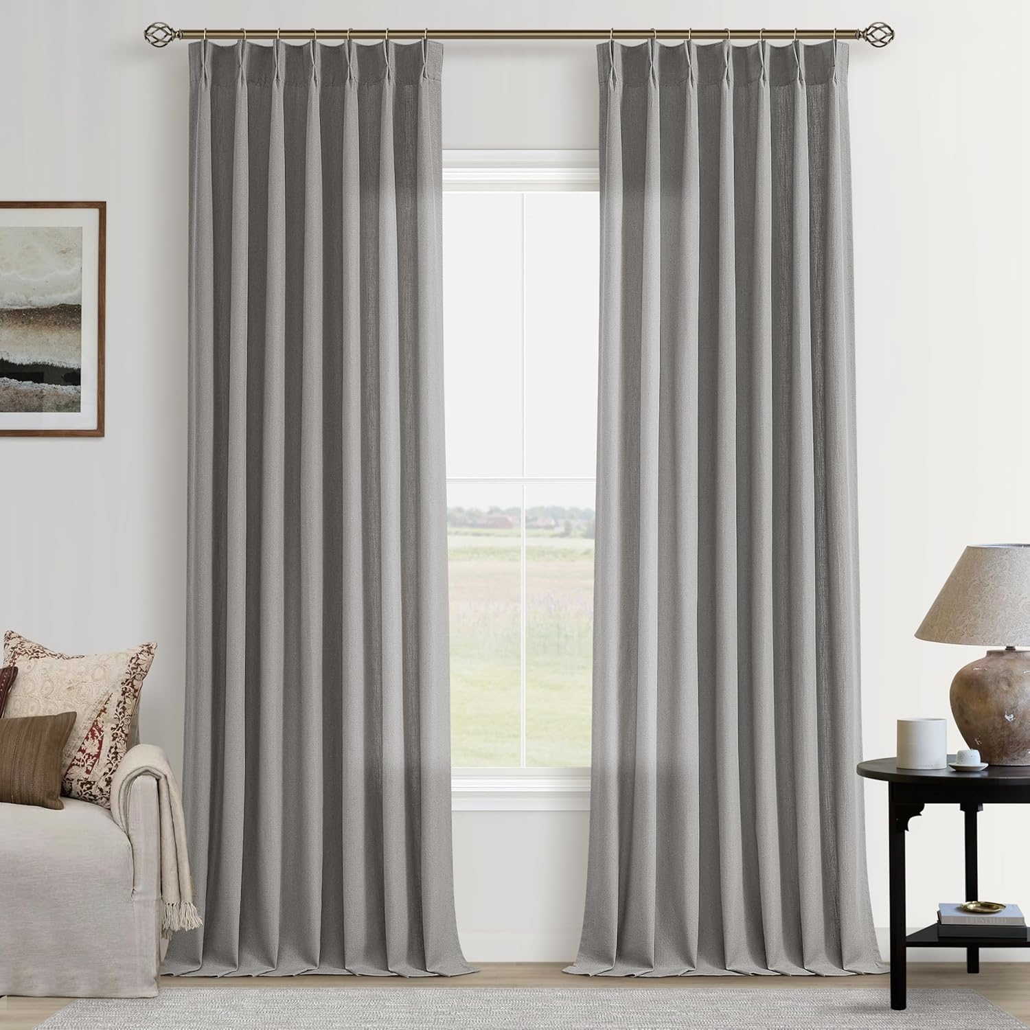 Grey Linen Curtains 90 Inches Long for Living Room Pinch Pleat Drapes with Hooks Rings Back Tab Farmhouse Modern Neutral Pleated Flagstone Dove Gray Curtain 90 Inch Length for Bedroom Dining