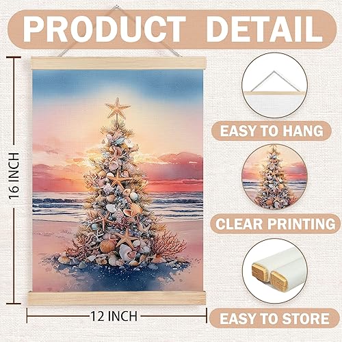 Miniatura 4 de FDHSPAAM Arte de Pared de Árbol de Navidad de Playa, Decoración Navideña Costera, Pósteres de Arte de Pared para Vacaciones de Puesta de Sol Árbol