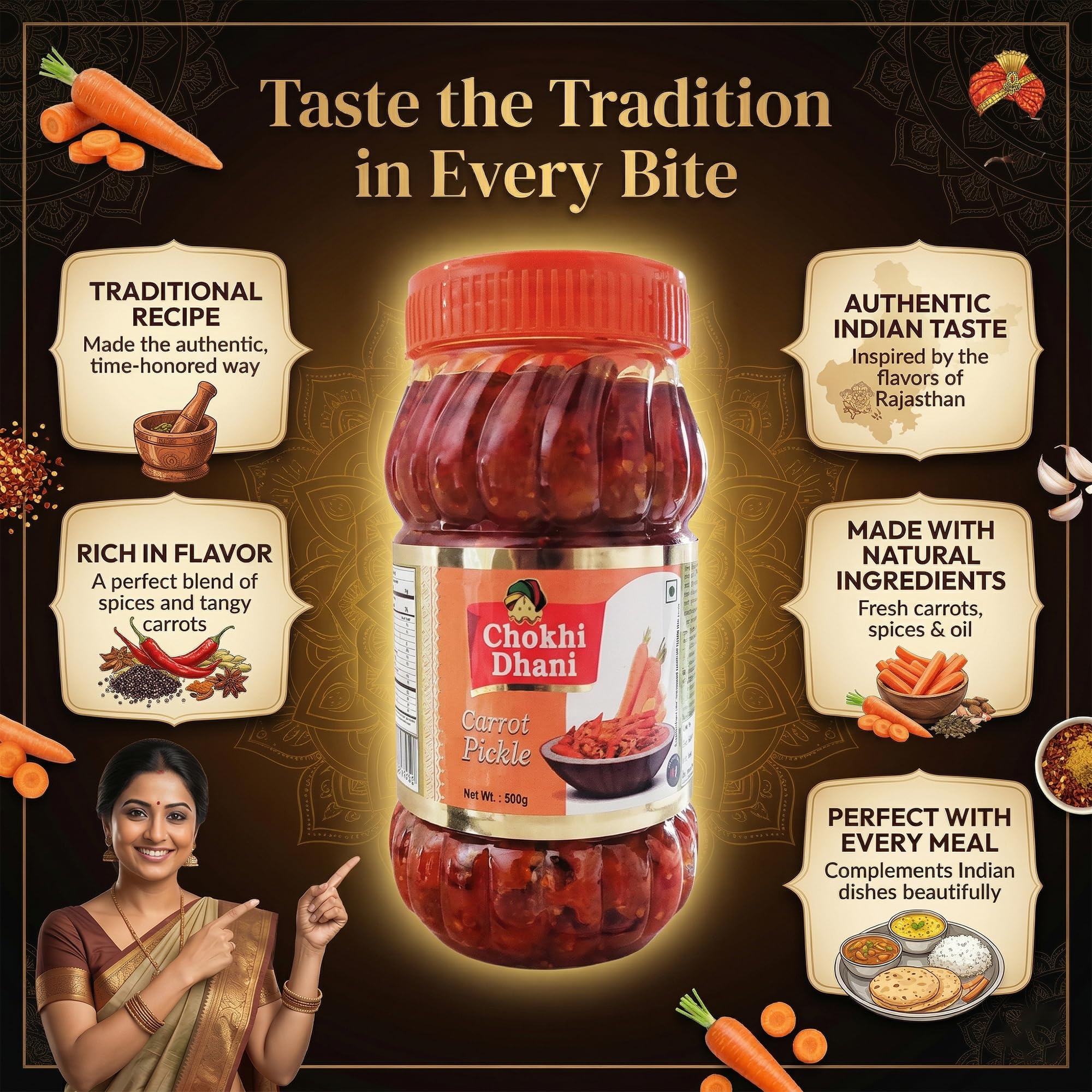 Chokhi Dhani Carrot Pickle 500g | Gajar Achar | Spicy & Tangy Indian Pickle | Traditional Homemade Style | Authentic Spices | Veg 1