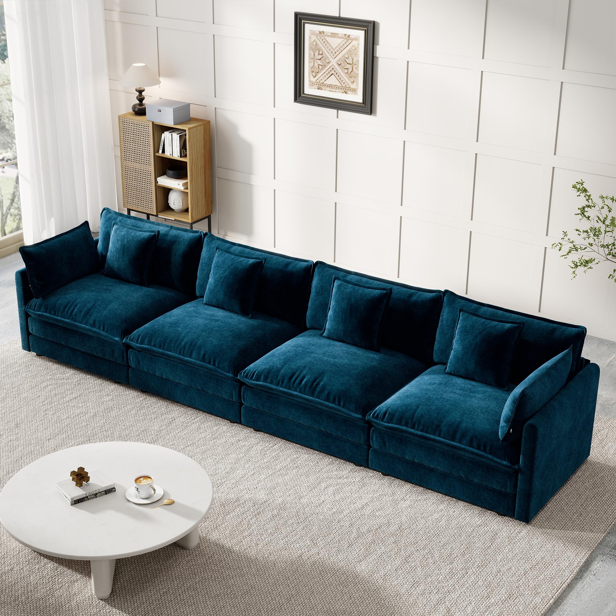 Nicecmft Modular Sectional Sofa, 146.5 Inch I-Shaped Cloud Sofa with Deep Seat Chenille Sofa with Cushions, Four Seater Sectional Sofa for Living Room